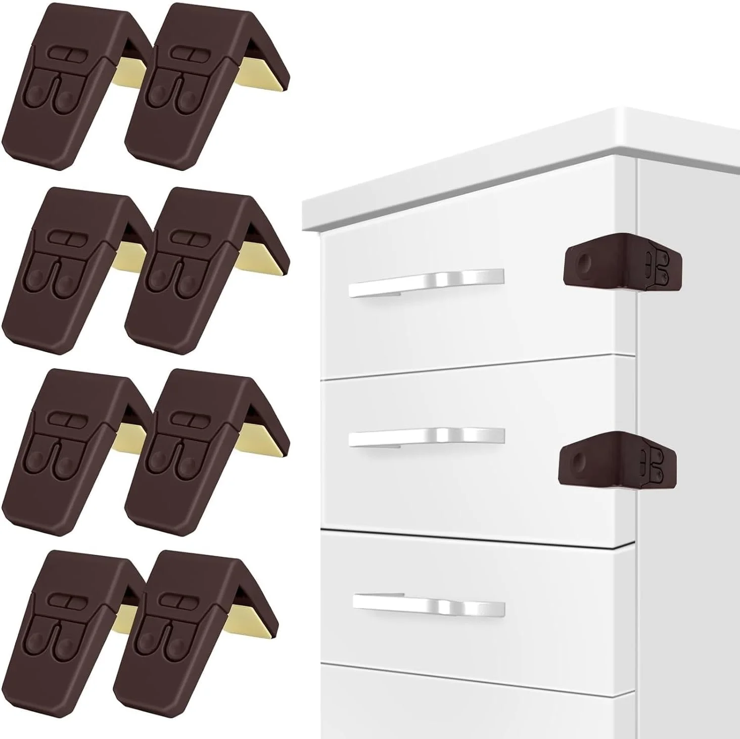 قفل کابینت کودک، بسته 8 عددی قفل ایمنی کودک برای کابینت ها، قفل های ایمنی کودک برای کابینت، قفل های کشویی نوع زاویه دار با چسب قوی برای کشوها، درها، کابینت ها (قهوه ای)