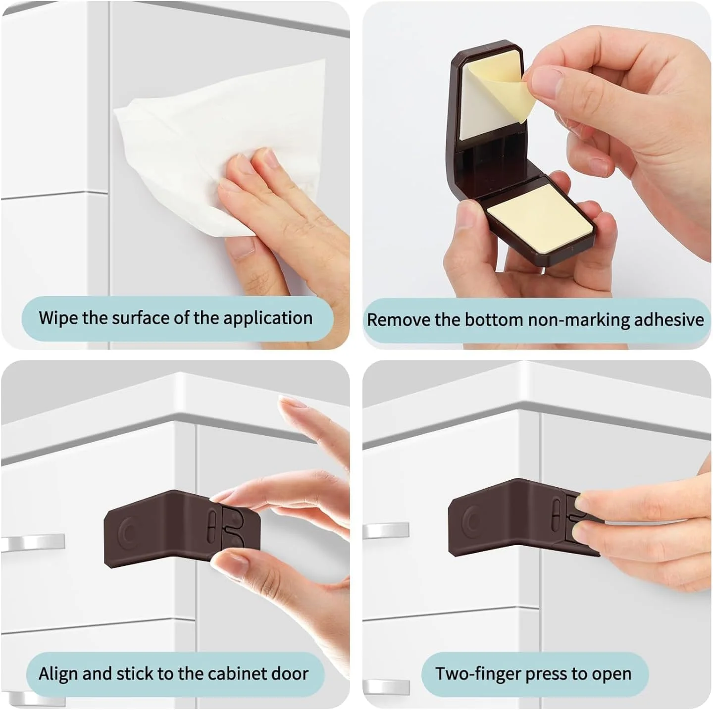 قفل کابینت کودک، بسته 8 عددی قفل ایمنی کودک برای کابینت ها، قفل های ایمنی کودک برای کابینت، قفل های کشویی نوع زاویه دار با چسب قوی برای کشوها، درها، کابینت ها (قهوه ای)