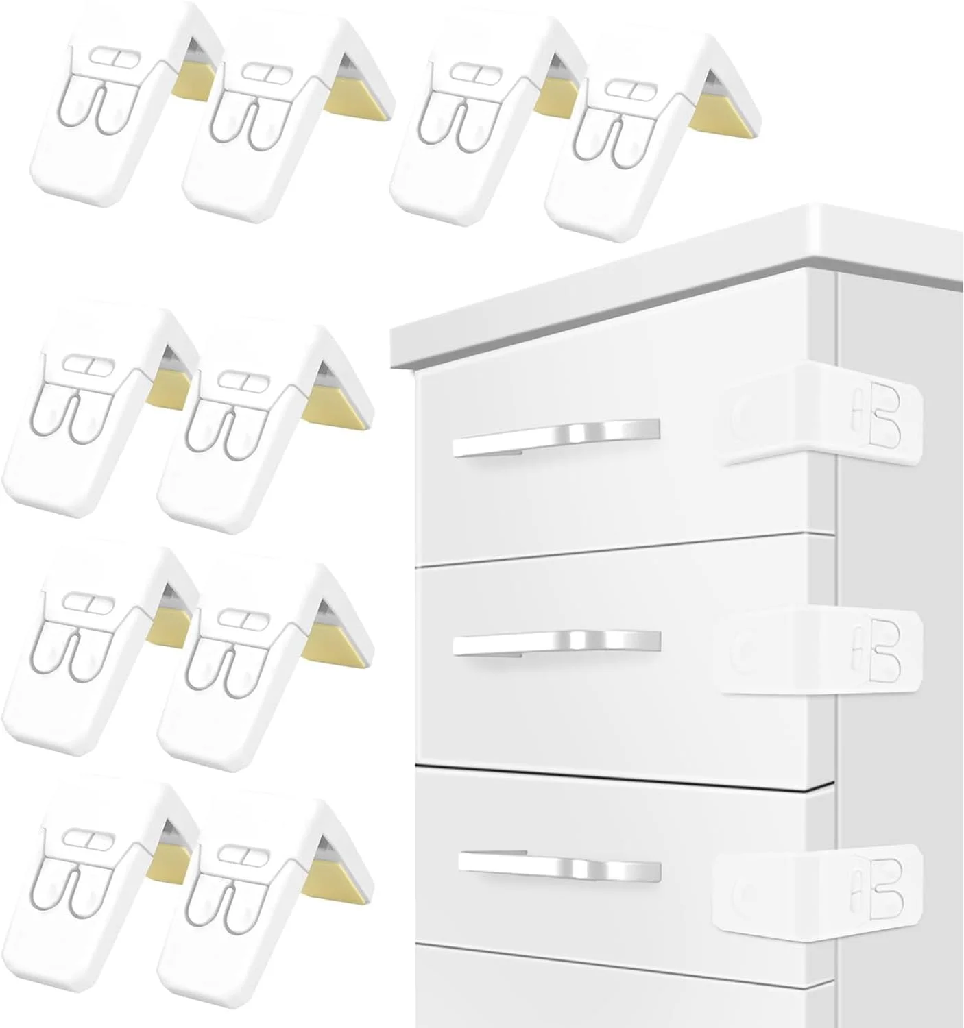 قفل کابینت کودک بسته 10 عددی، قفل ایمنی کودک برای کابینت ها، قفل کشو با چسب قوی برای کشوها، درها و کابینت ها (بسته 10 عددی)