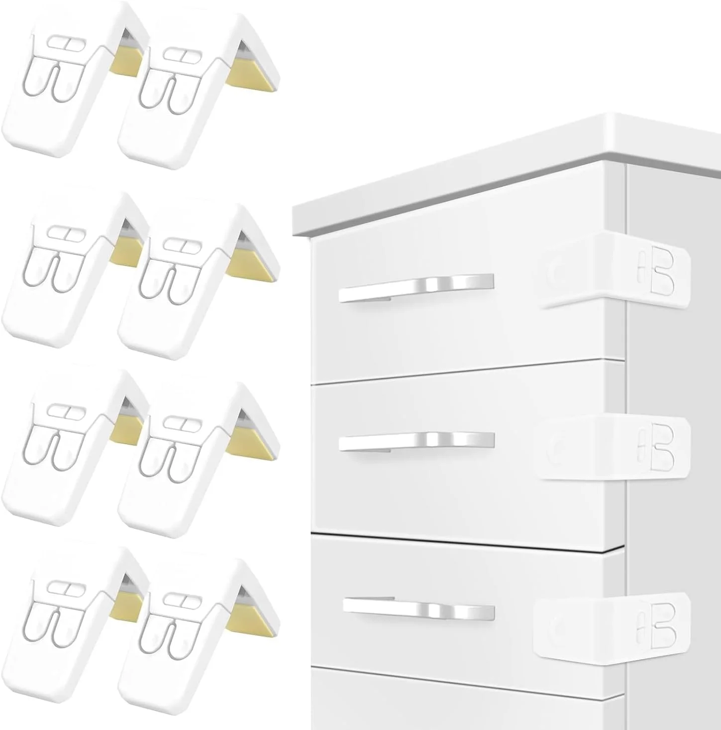 قفل کابینت کودک، بسته 8 عددی قفل ایمنی کودک برای کابینت ها قفل های ایمنی کودک قفل های کشویی نوع زاویه دار با چسب قوی برای کشوها، درها، کابینت ها (سفید)