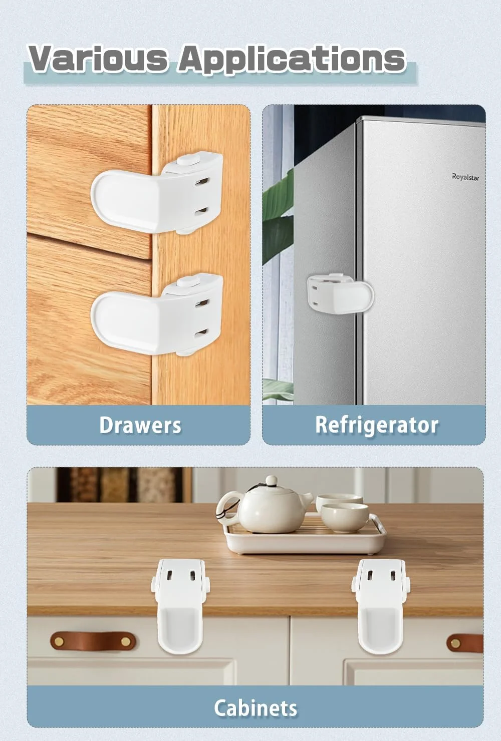 قفل کشو کودک BIGTHREE، بسته 4 عددی، قفل ایمنی کابینت کودک، ایمن سازی کابینت کودک، قفل کشو، برای کشوهای کنار تخت، لبه های گوشه مبلمان کنار اتاق، جلوگیری از حوادث.