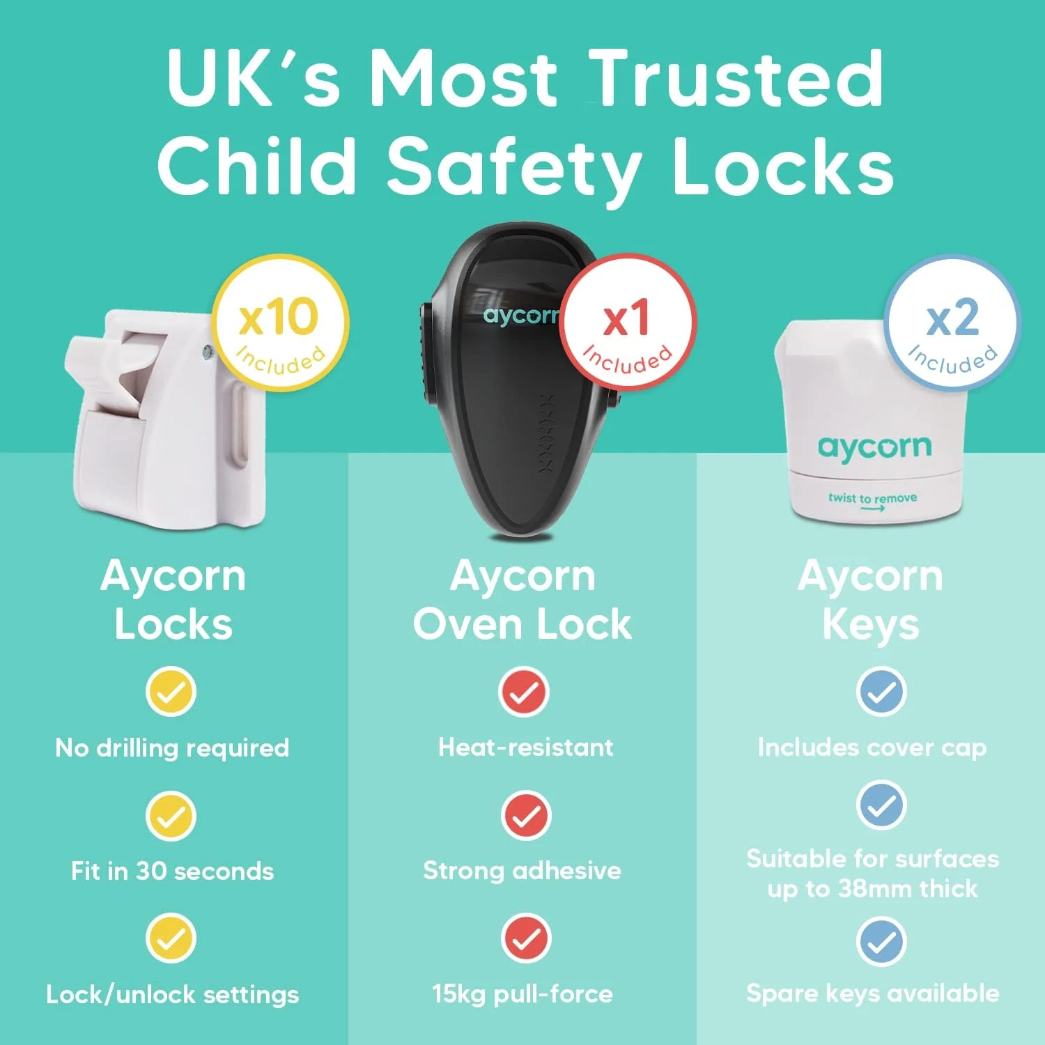 قفل ایمنی فر AYCORN® و قفل کابینت ایمنی کودک برای کودکان - قفل درب بدون نیاز به سوراخکاری برای فر، کابینت ها و کشوها، نصب 30 ثانیه ای با چسب 3M مقاوم در برابر حرارت شدید