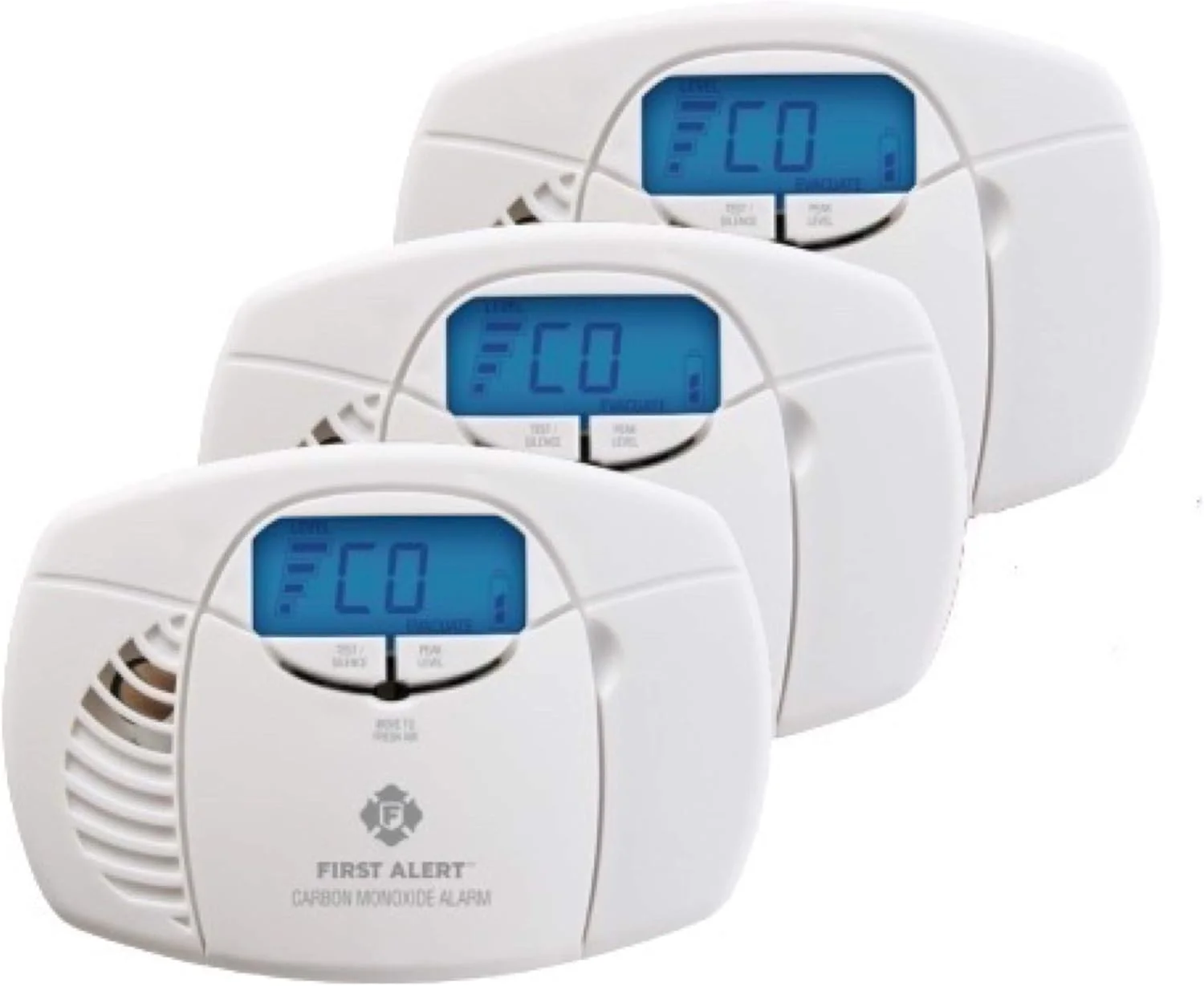 بسته 3 عددی ردیاب دیجیتال مونوکسید کربن First Alert CO410 | آلارم مونوکسید کربن با باتری، دارای نمایشگر دیجیتال و حافظه اوج | سنسور الکتروشیمیایی