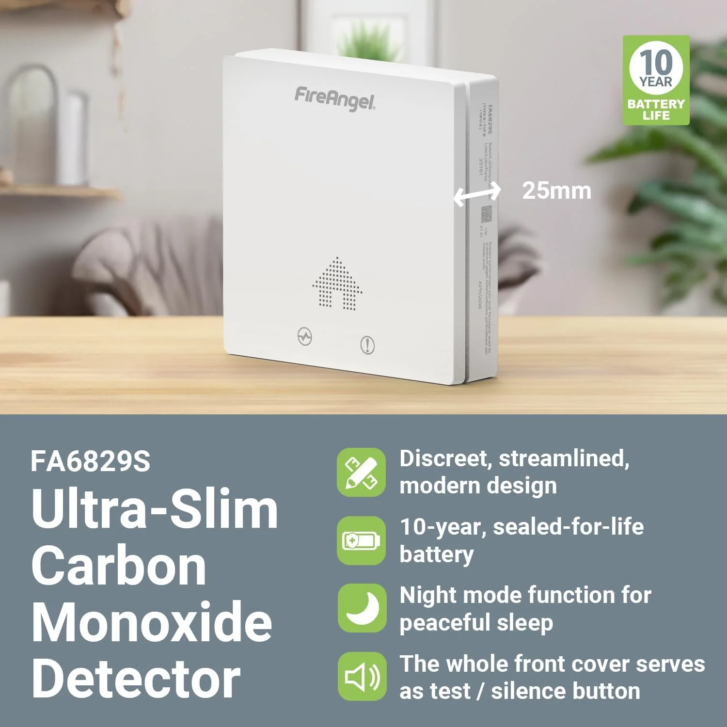 آشکارساز مونوکسید کربن فوق العاده باریک Fire Angel FA6829S، آلارم CO با عمر 10 ساله، آلارم مونوکسید کربن قابل حمل برای خانه، کاروان، کمپر - سفید