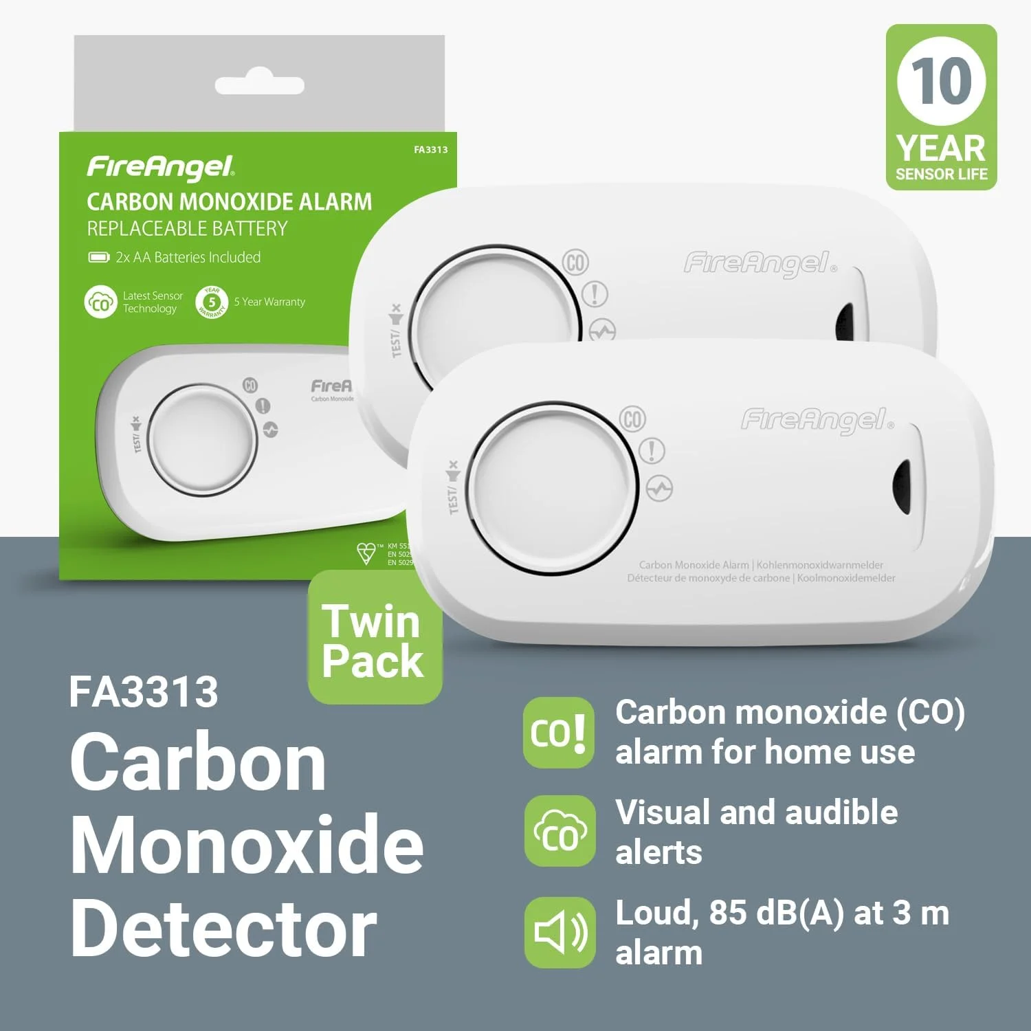 آلارم و ردیاب مونوکسید کربن FireAngel - FA3313 با سنسور 10 ساله و باتری های قابل تعویض 1 ساله - قابل حمل و مناسب مسافرت - بسته 2 عددی - سفید