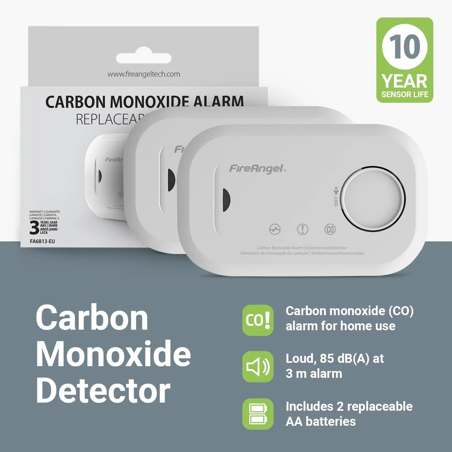 آلارم و ردیاب مونوکسید کربن FireAngel - FA6813 با سنسور 10 ساله برای خانه به همراه باتری - قابل حمل و مناسب مسافرت - دارای دکمه تست - بسته 2 عددی