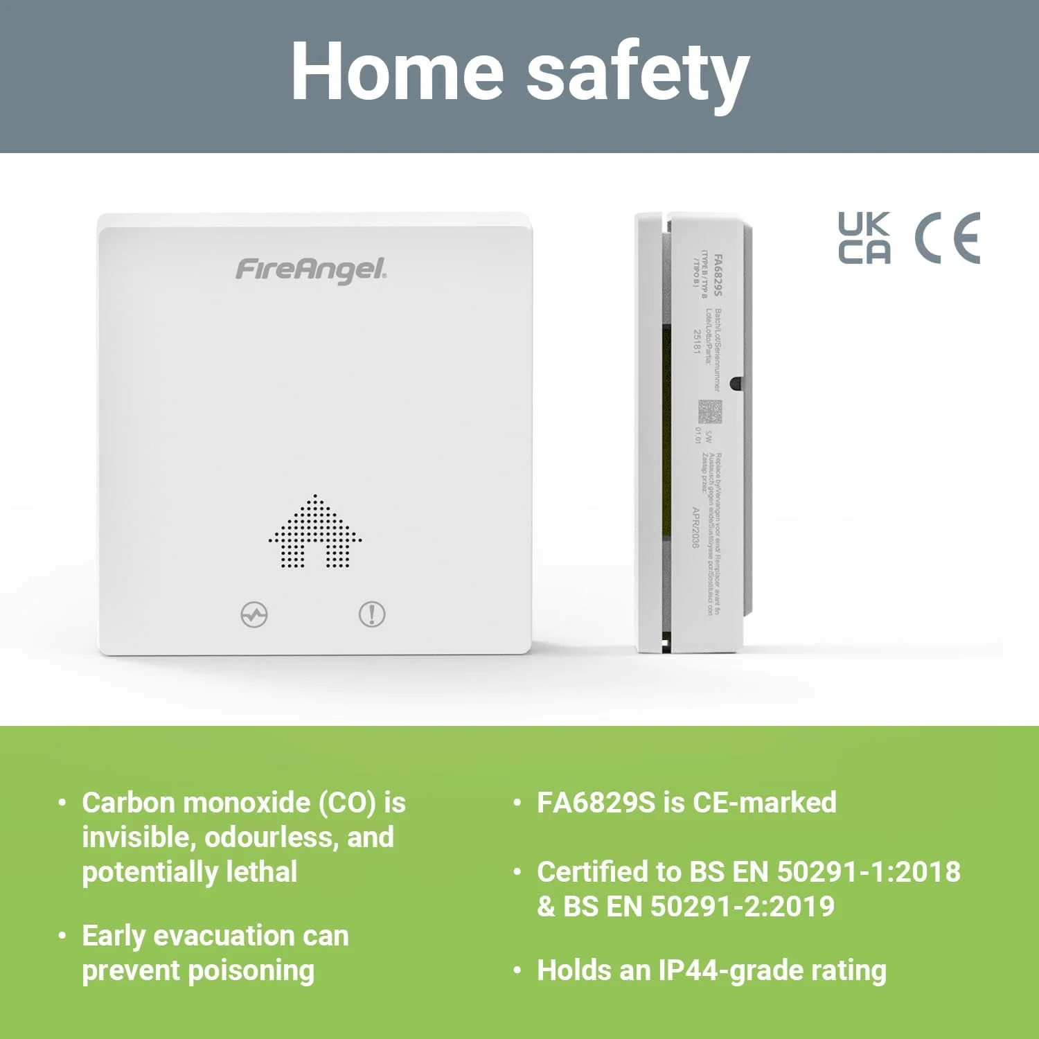 آشکارساز مونوکسید کربن فوق العاده باریک Fire Angel FA6829S، آلارم CO با عمر 10 ساله، آلارم مونوکسید کربن قابل حمل برای خانه، کاروان، کمپر - سفید