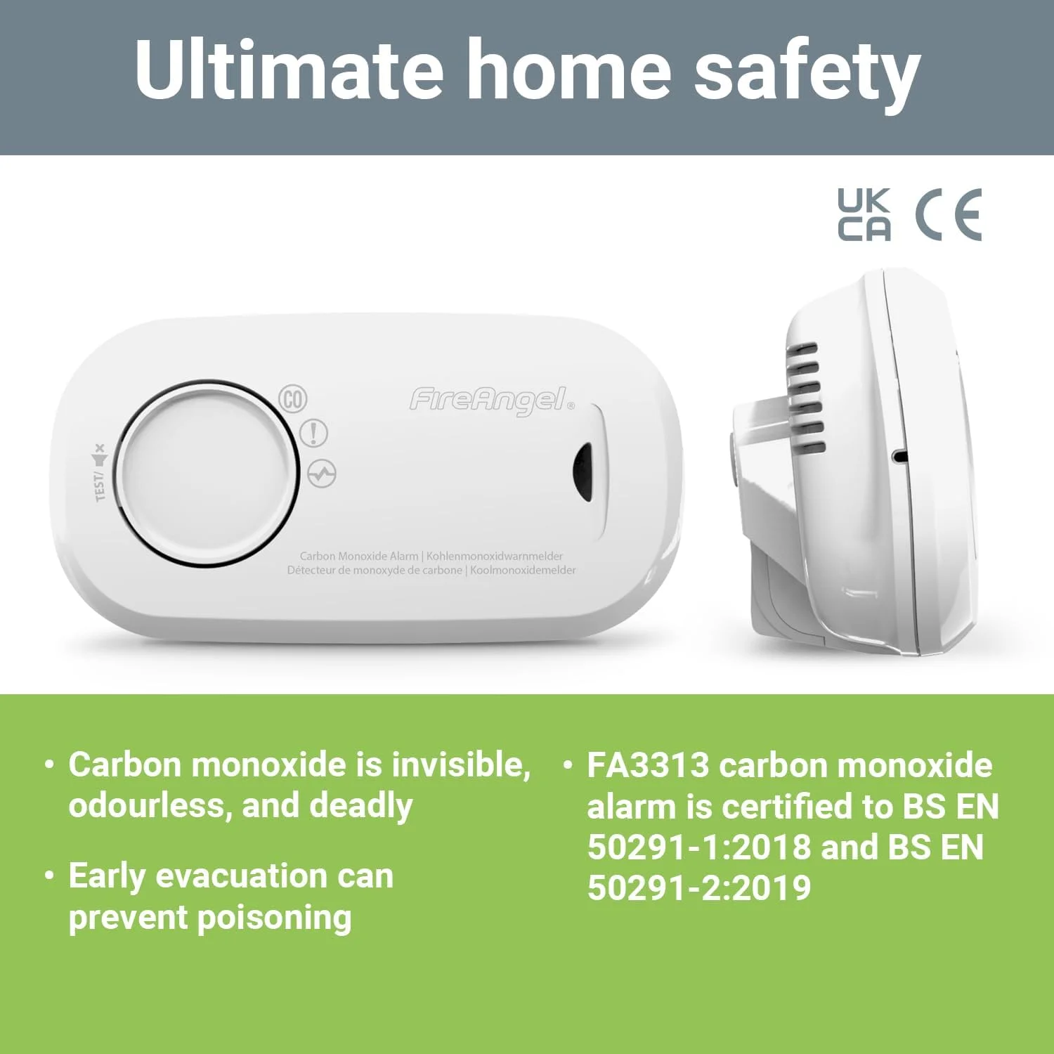 آلارم و ردیاب مونوکسید کربن FireAngel - FA3313 با سنسور 10 ساله و باتری های قابل تعویض 1 ساله - قابل حمل و مناسب مسافرت - بسته 2 عددی - سفید
