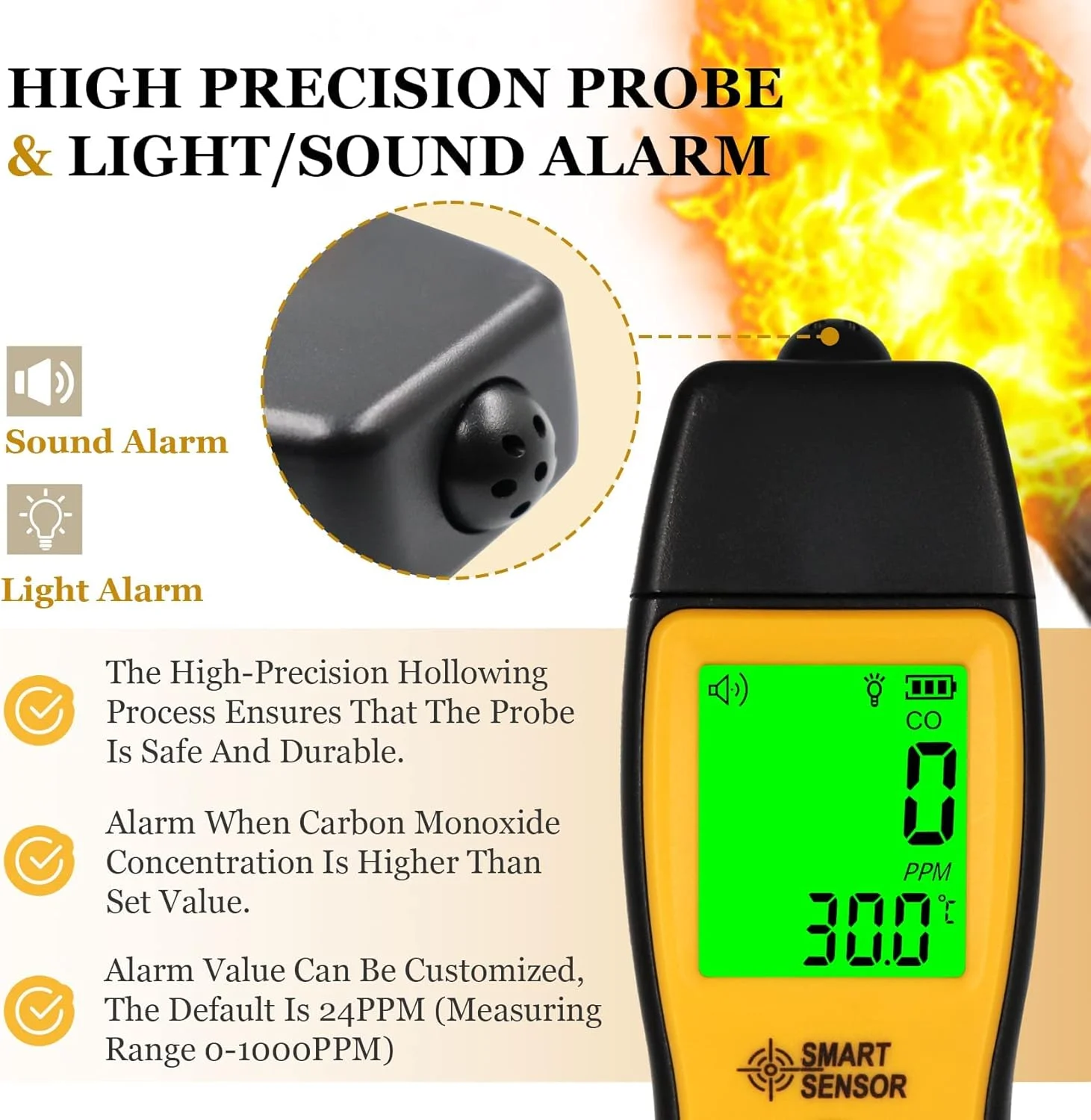 دستگاه سنجش مونوکسید کربن دستی Excefore، ردیاب مونوکسید کربن قابل حمل، تستر حسگر CO حرفه ای با صفحه نمایش LCD دارای نور پس زمینه، محدوده 0-1000PPM برای مصارف صنعتی و خانگی (باتری شامل نمی شود)