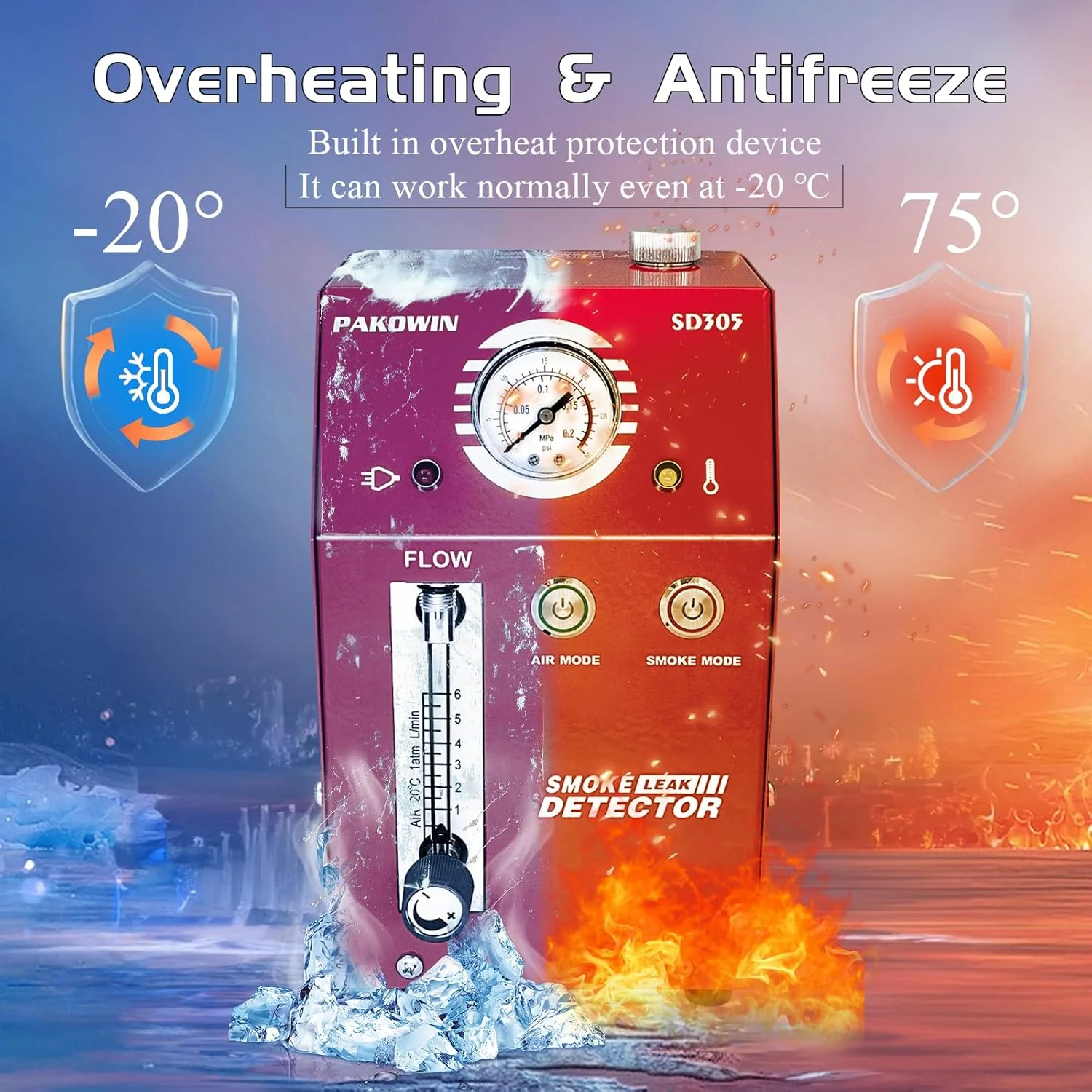 دستگاه نشت یاب دود خودرو پاکوین 12 ولت DC با نشانگر فشار - تستر تشخیصی خلاء EVAP برای سیستم لوله چند منظوره - قرمز