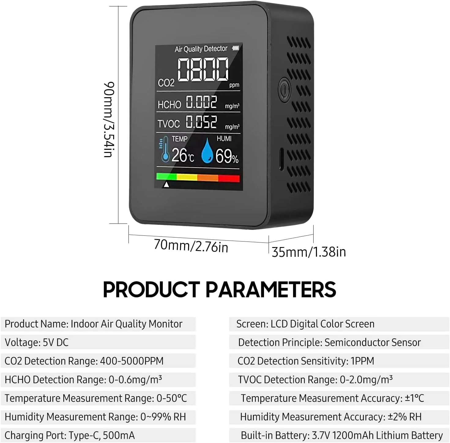 دستگاه مانیتور کیفیت هوای قابل حمل UNI-T، سنجش 5 در 1 دی اکسید کربن، فرمالدهید، TVOC، دما و رطوبت، دارای صفحه نمایش LCD، قابل شارژ، آلارم CO2 برای اتاق، دفتر، گلخانه، انبار