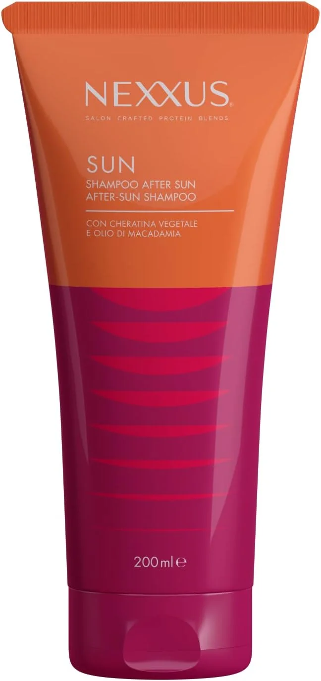 شامپو مو بعد از آفتاب نکسوس، پاک کننده و مرطوب کننده مو در برابر آفتاب، مه نمکی و باد، فرمول بر پایه روغن ماکادمیا و کراتین گیاهی 200 میلی لیتر