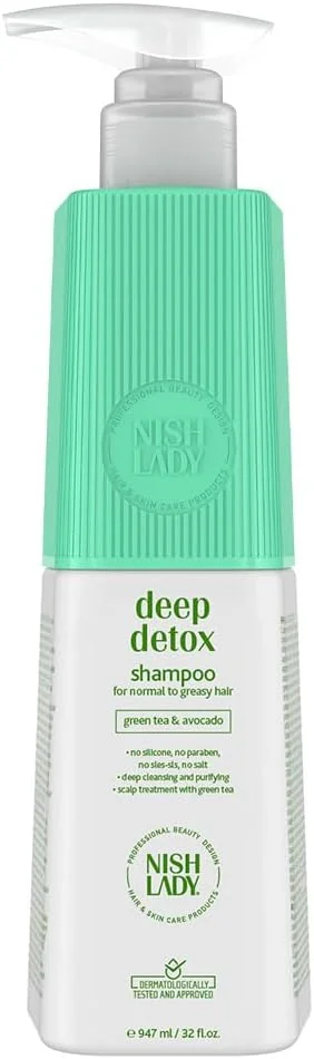شامپو مو دیپ دتوکس نیش لیدی 947 میلی لیتر - شامپو مو با عصاره چای سبز و آووکادو، مناسب برای موهای معمولی تا چرب