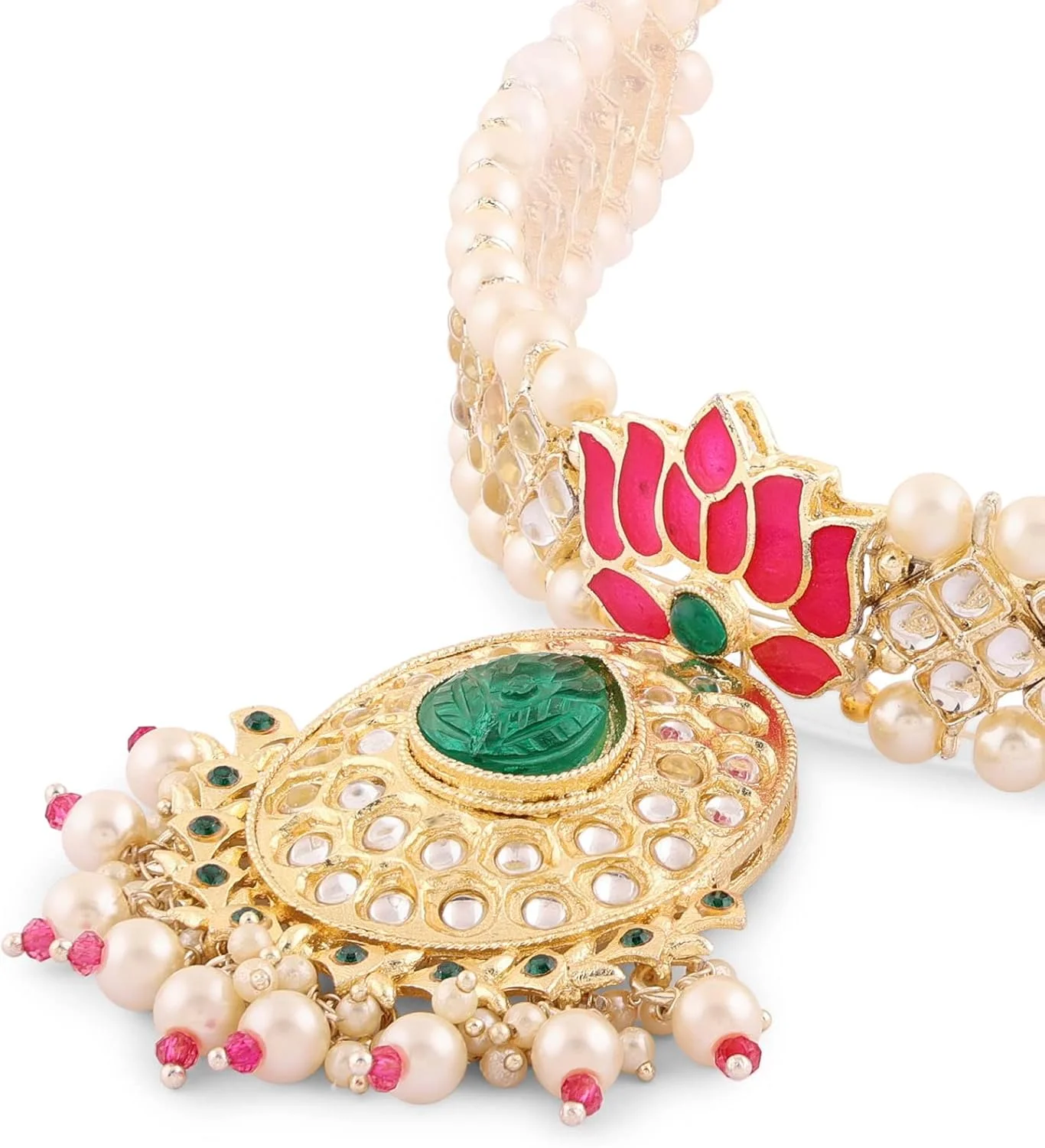 زیوری پرلز، ست گردنبند چوکر، گوشواره و انگشتر میناکاری لوتوس کندان صورتی و سبز زنانه - ZPFK15844 زیوری پرلز، ست گردنبند چوکر، گوشواره و انگشتر میناکاری لوتوس کندان صورتی و سبز زنانه - ZPFK15844