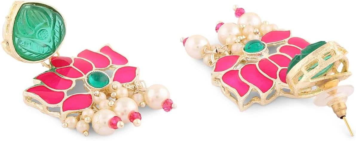 زیوری پرلز، ست گردنبند چوکر، گوشواره و انگشتر میناکاری لوتوس کندان صورتی و سبز زنانه - ZPFK15844 زیوری پرلز، ست گردنبند چوکر، گوشواره و انگشتر میناکاری لوتوس کندان صورتی و سبز زنانه - ZPFK15844