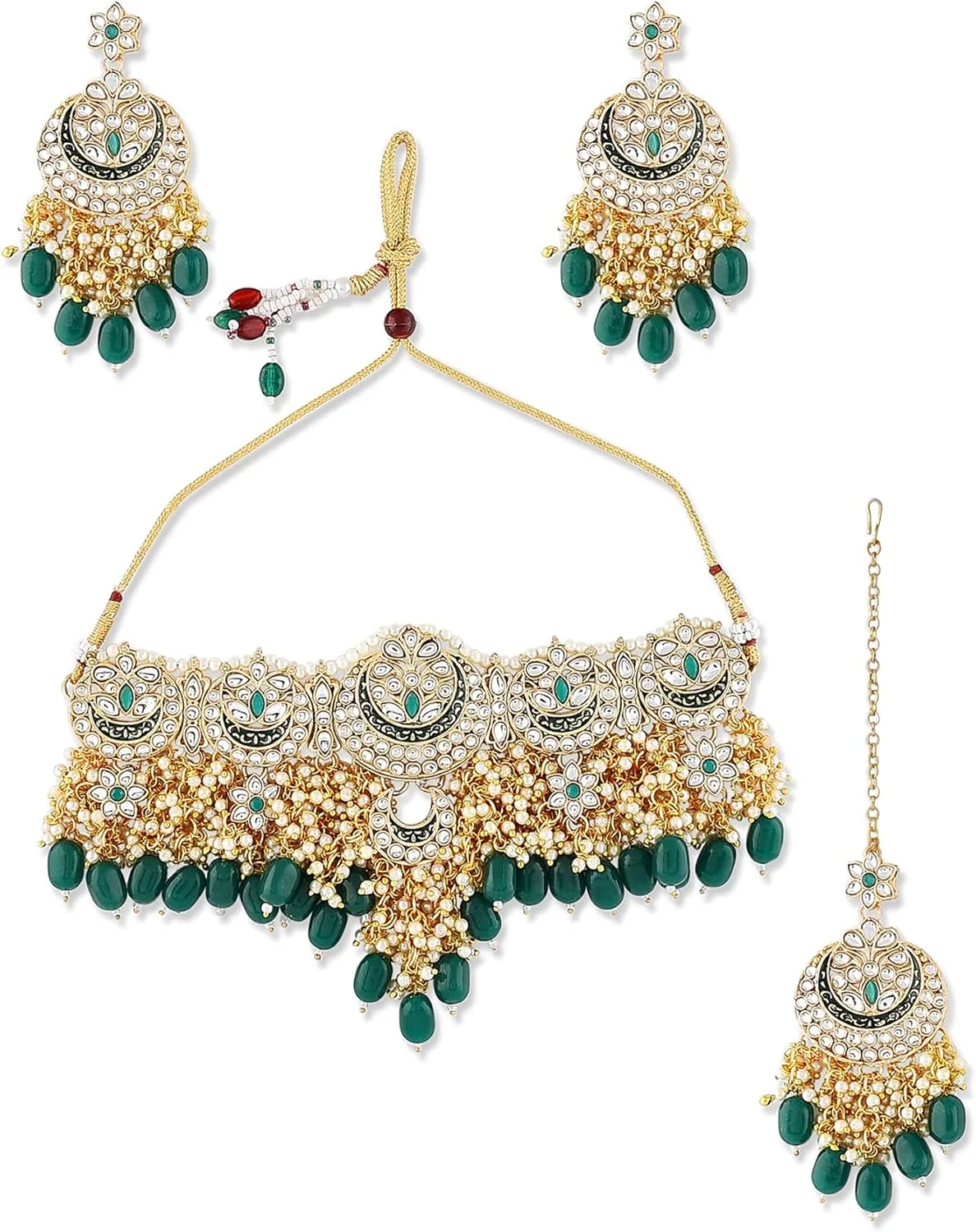 ست گردنبند چوکر، گوشواره و مانگتیکا زنانه میناکاری سبز رنگ Kundan ZAVERI PEARLS مدل ZPFK10497