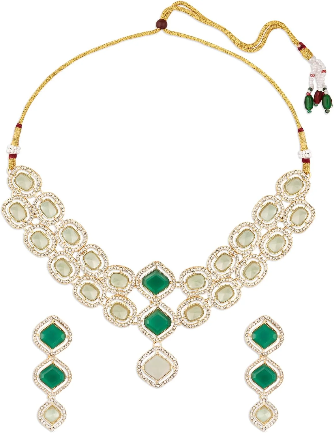 گوشواره و گردنبند چوکر زنانه ZAVERI PEARLS با سنگ های سبز نعنایی و الماس های اتریشی درخشان - ZPFK18234