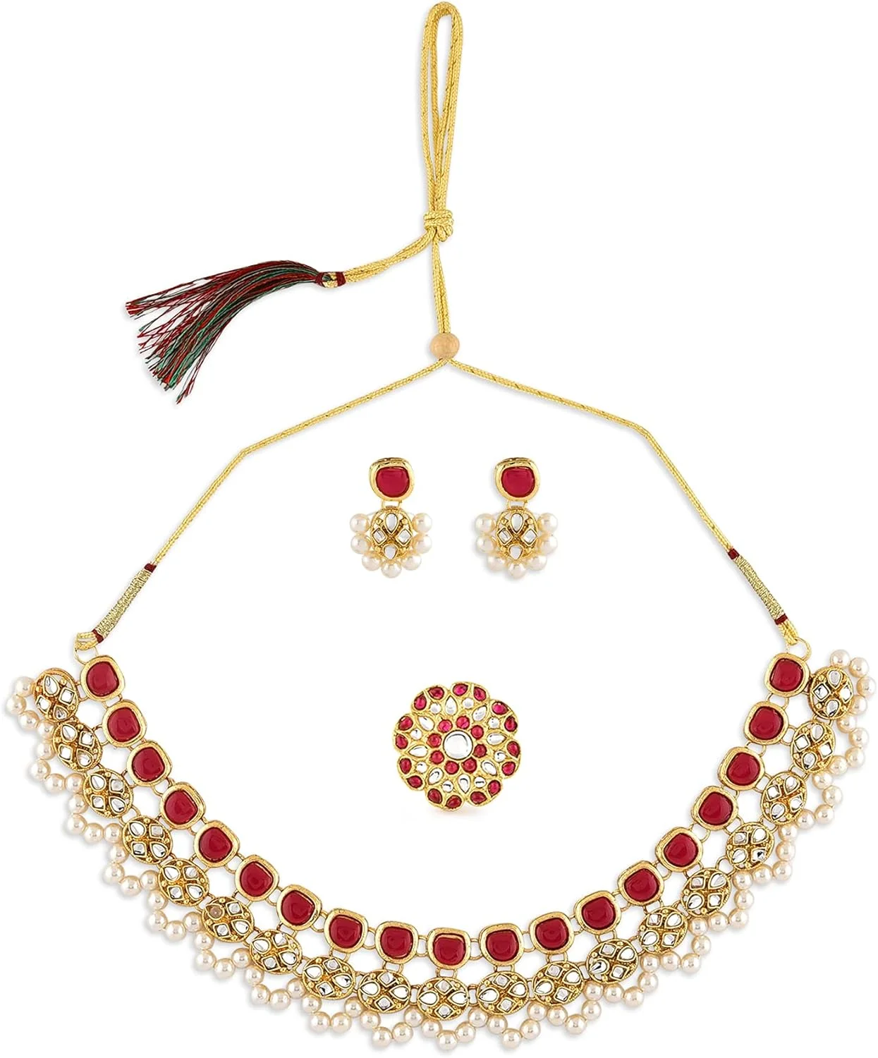زیوری پرلز ست گردنبند، گوشواره و انگشتر زنانه صورتی رنگ Kundan مدل سنتی - ZPFK10776