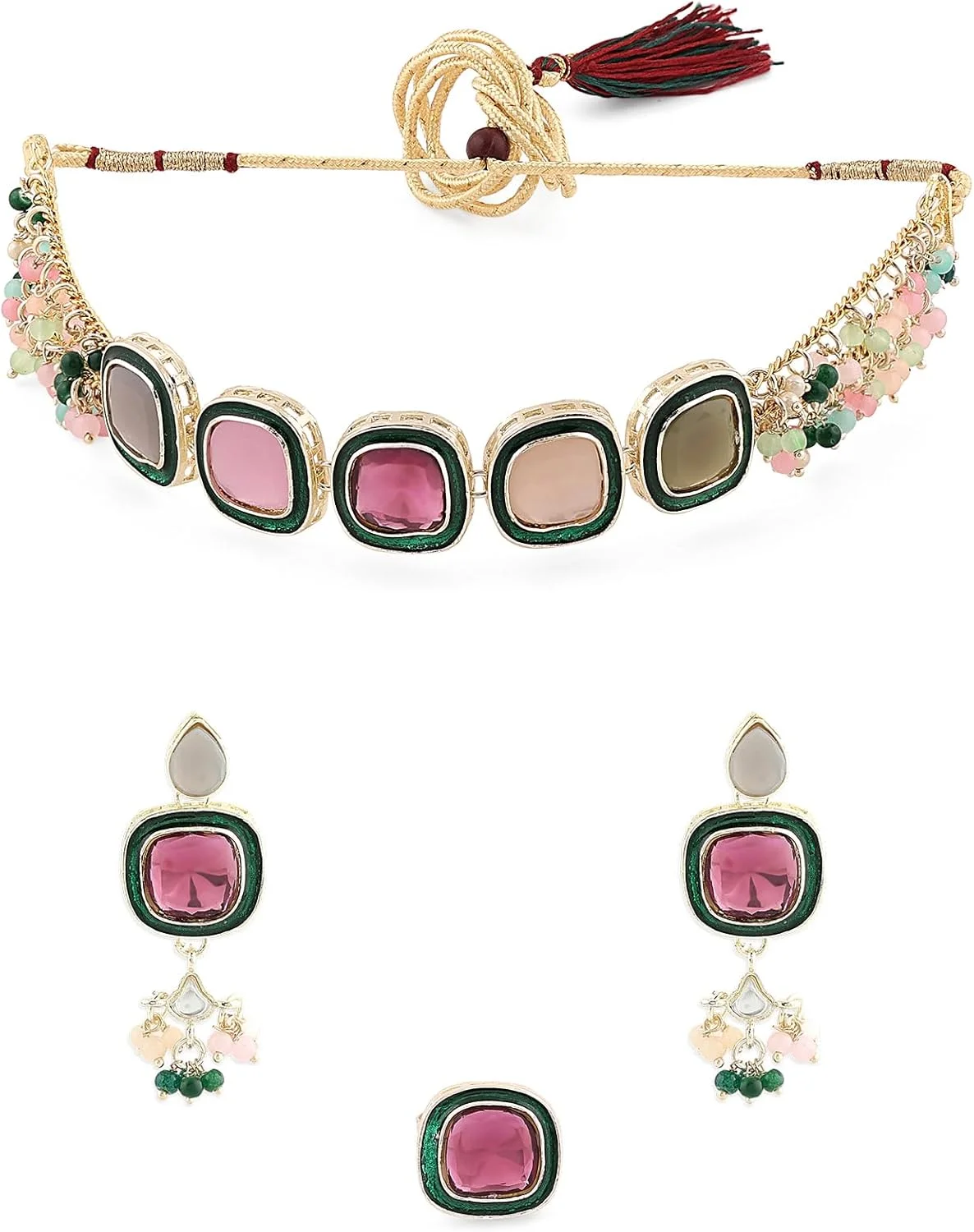 ZAVERI PEARLS گردنبند چوکر خوشه ای چند رشته ای چند رنگی با گوشواره و انگشتر زنانه - ZPFK16494