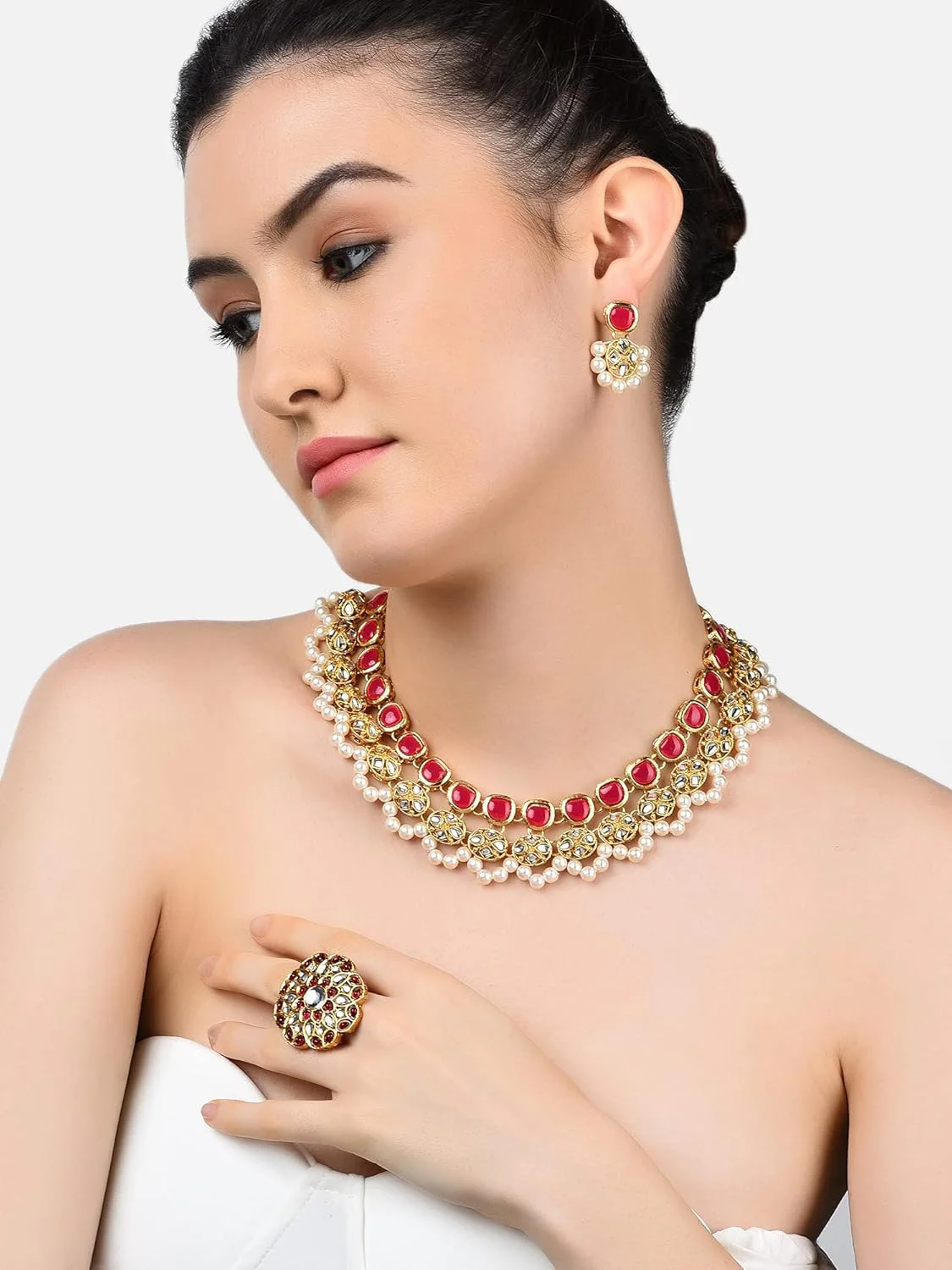زیوری پرلز ست گردنبند، گوشواره و انگشتر زنانه صورتی رنگ Kundan مدل سنتی - ZPFK10776 زیوری پرلز ست گردنبند، گوشواره و انگشتر زنانه صورتی رنگ Kundan مدل سنتی - ZPFK10776