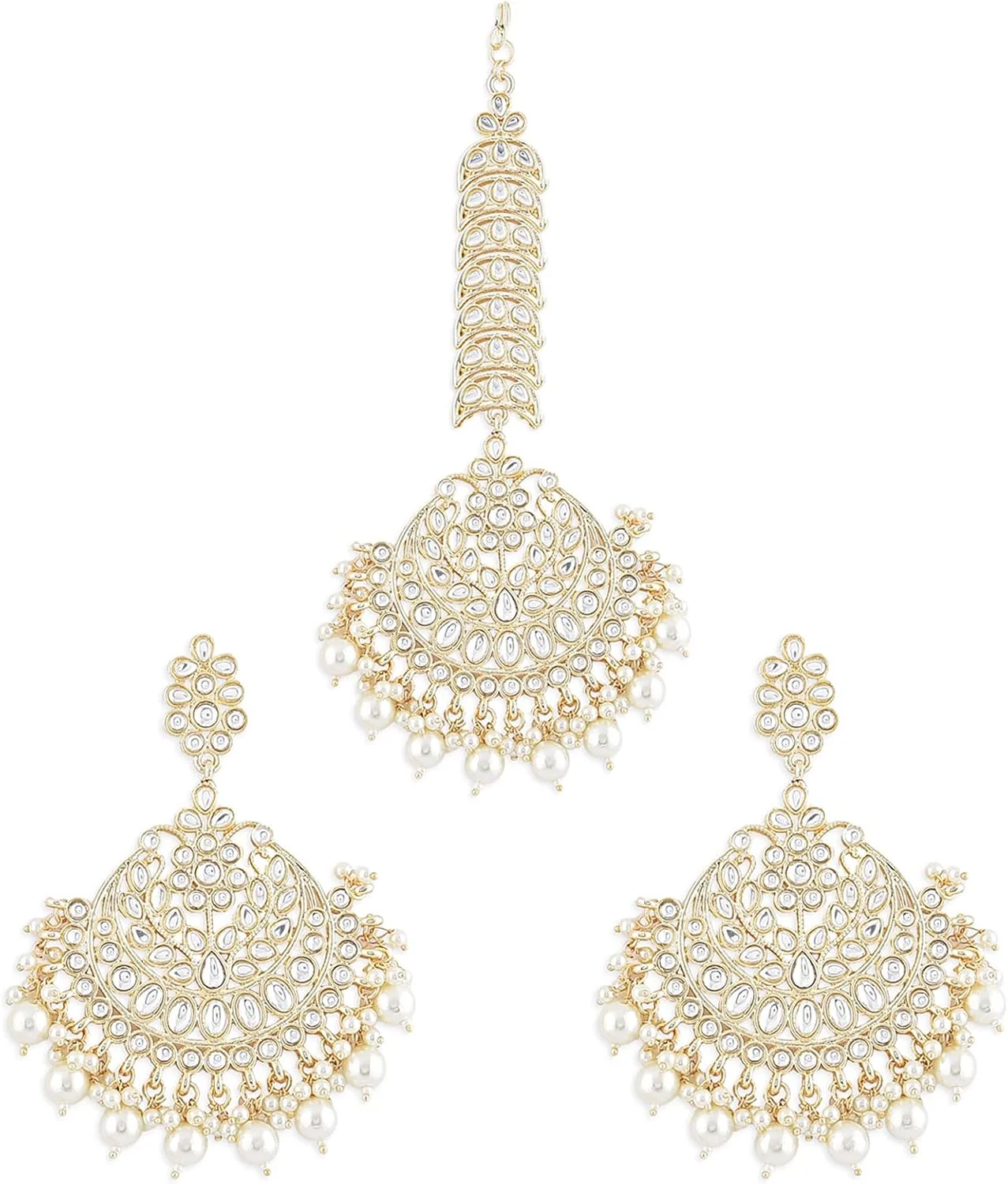گوشواره و مانگ تیکا زنانه طرح Kundan سنتی با روکش طلایی Zaveri Pearls مدل ZPFK11432