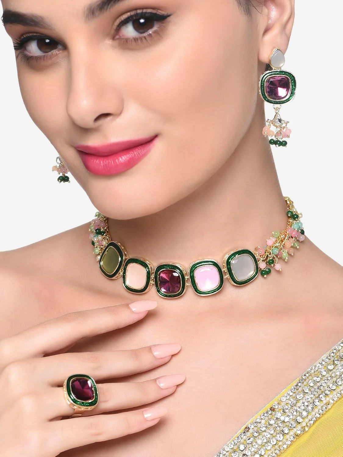 ZAVERI PEARLS گردنبند چوکر خوشه ای چند رشته ای چند رنگی با گوشواره و انگشتر زنانه - ZPFK16494 ZAVERI PEARLS گردنبند چوکر خوشه ای چند رشته ای چند رنگی با گوشواره و انگشتر زنانه - ZPFK16494