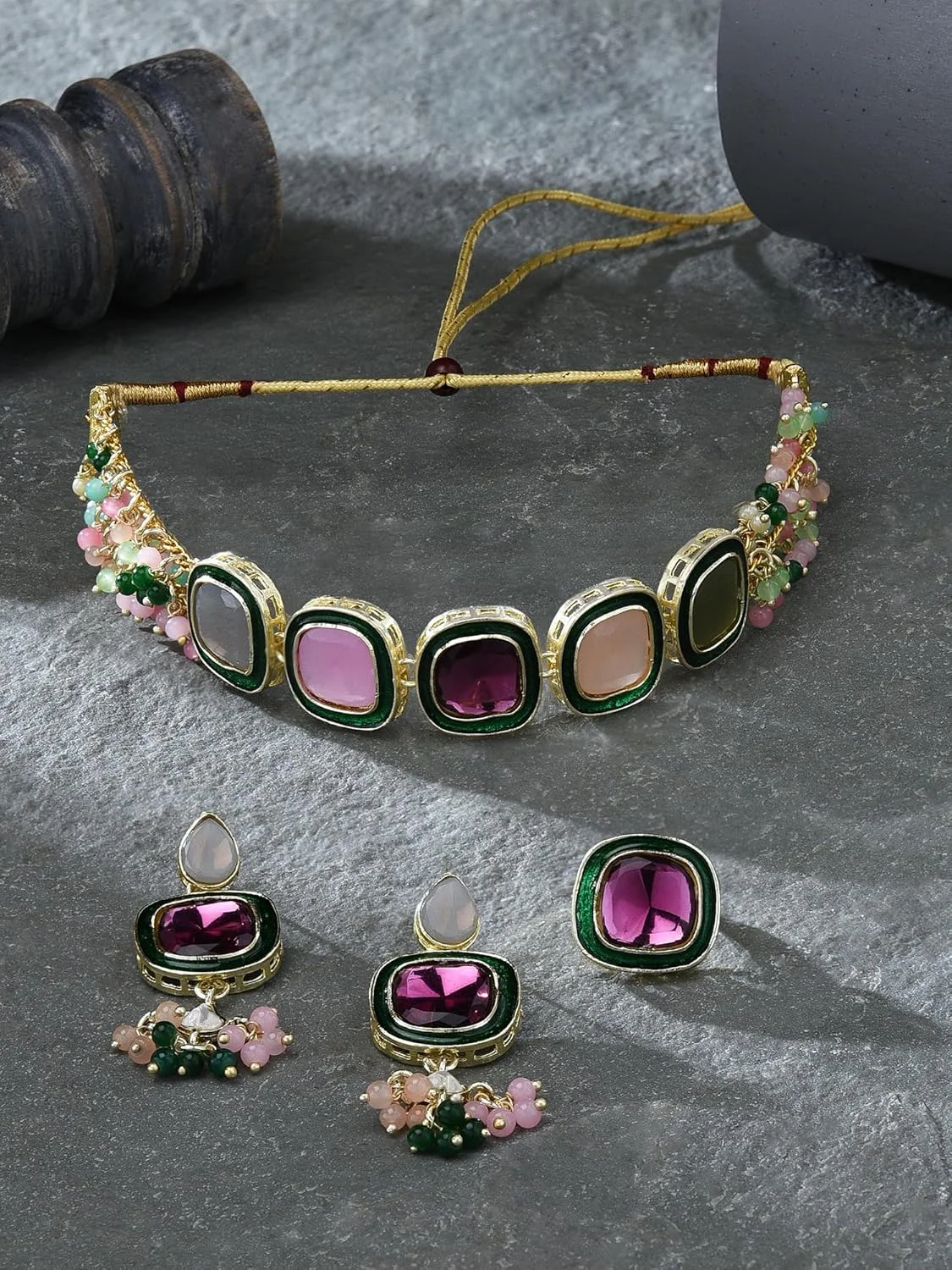 ZAVERI PEARLS گردنبند چوکر خوشه ای چند رشته ای چند رنگی با گوشواره و انگشتر زنانه - ZPFK16494 ZAVERI PEARLS گردنبند چوکر خوشه ای چند رشته ای چند رنگی با گوشواره و انگشتر زنانه - ZPFK16494