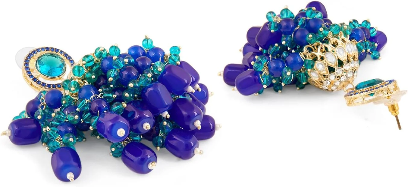ZAVERI PEARLS گردنبند چوکر با سنگ های آبی و سبز و خوشه های مهره و الماس به همراه گوشواره زنانه - ZPFK18219 ZAVERI PEARLS گردنبند چوکر با سنگ های آبی و سبز و خوشه های مهره و الماس به همراه گوشواره زنانه - ZPFK18219