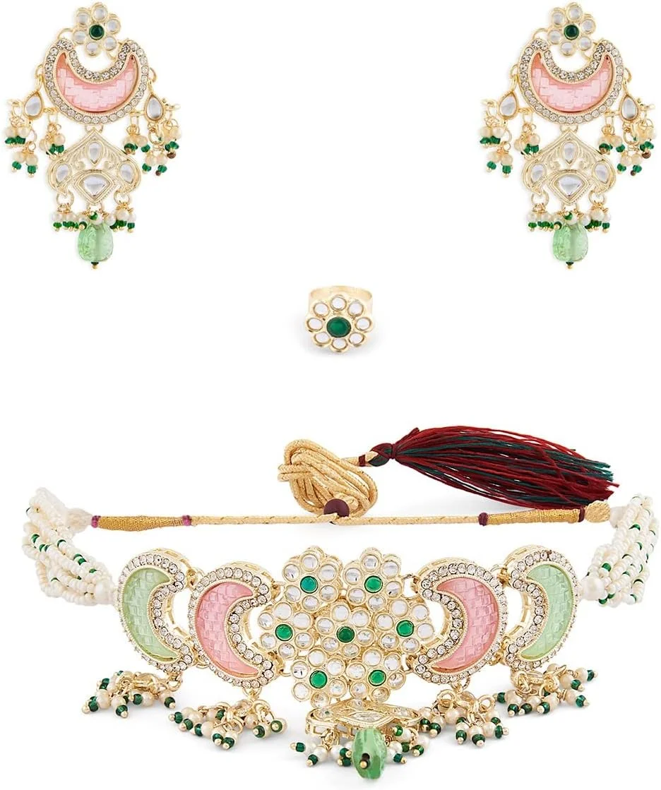 گوشواره، انگشتر و گردنبند چوکر چند رشته ای Kundan با مهره و سنگ های سبز و صورتی ZAVERI PEARLS مدل ZPFK15652 زنانه