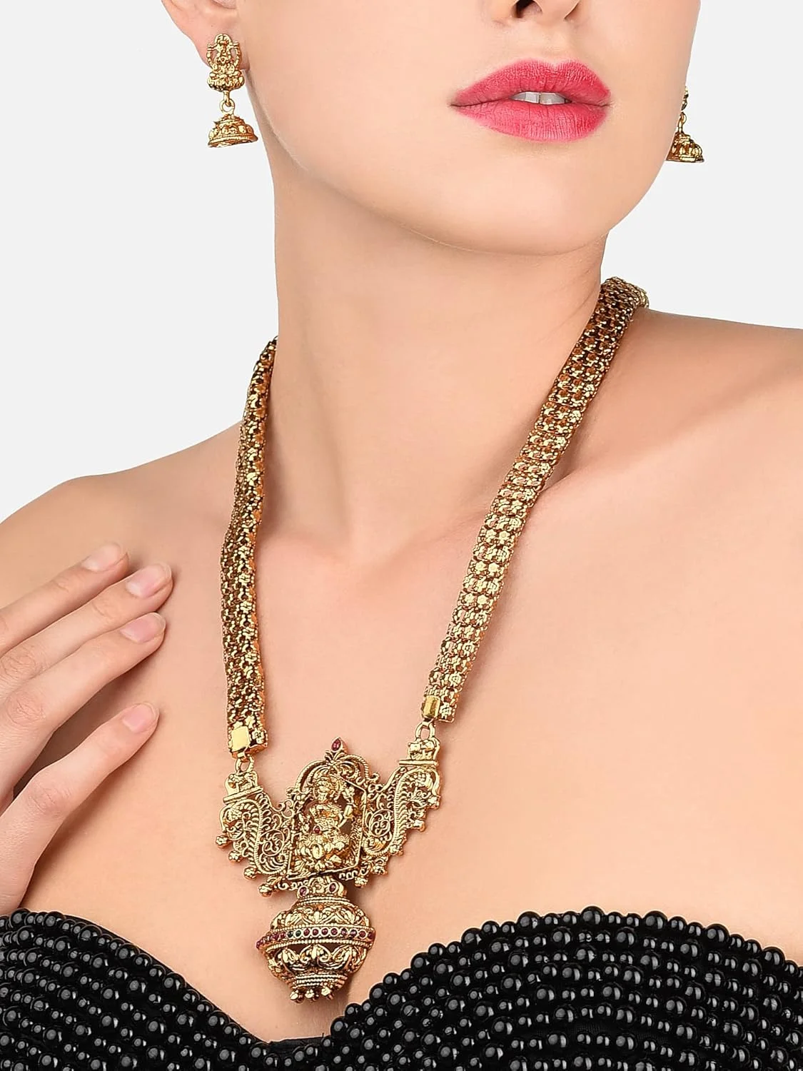 زیوری پرلز، ست گردنبند و گوشواره بلند طرح معبد، طلایی عتیقه، مناسب عروس - ZPFK10178 زیوری پرلز، ست گردنبند و گوشواره بلند طرح معبد، طلایی عتیقه، مناسب عروس - ZPFK10178