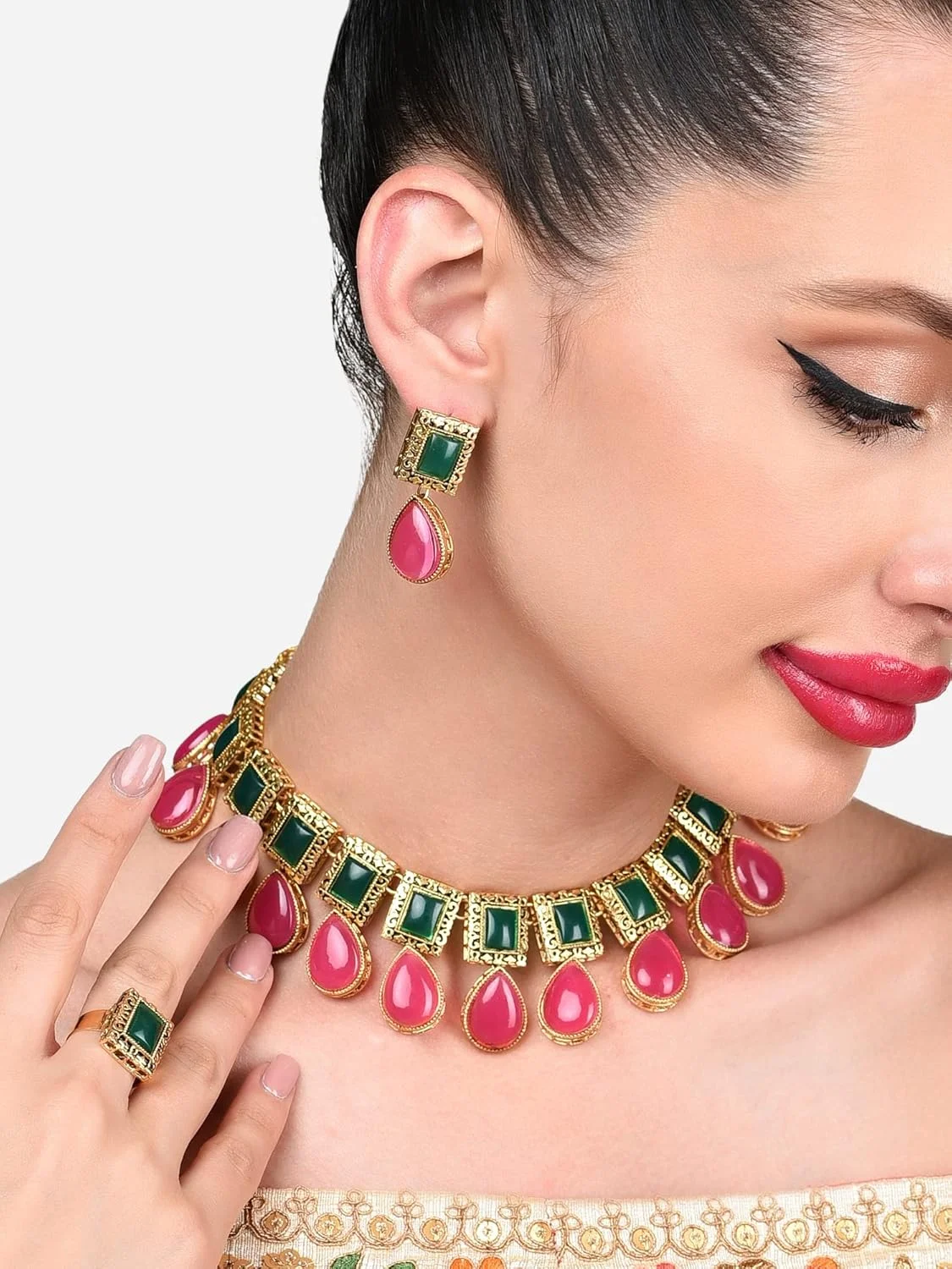 زیوری پرلز ست گردنبند، گوشواره و انگشتر زنانه با سنگ های صورتی و سبز طرح اشک