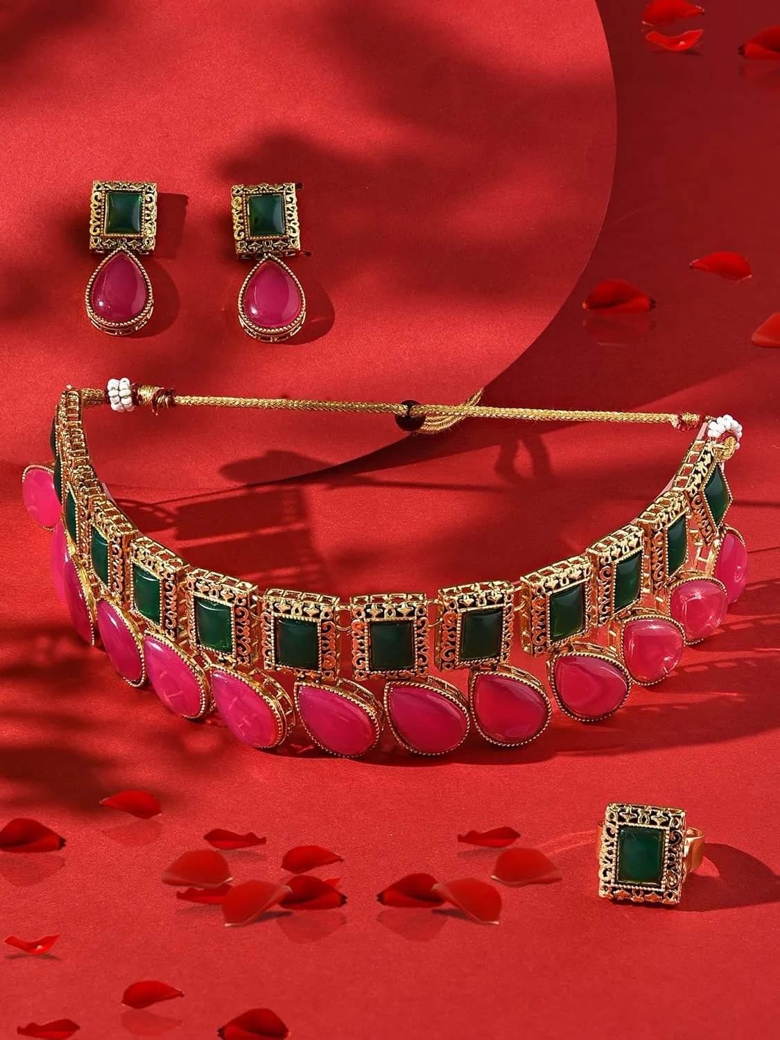 زیوری پرلز ست گردنبند، گوشواره و انگشتر زنانه با سنگ های صورتی و سبز طرح اشک