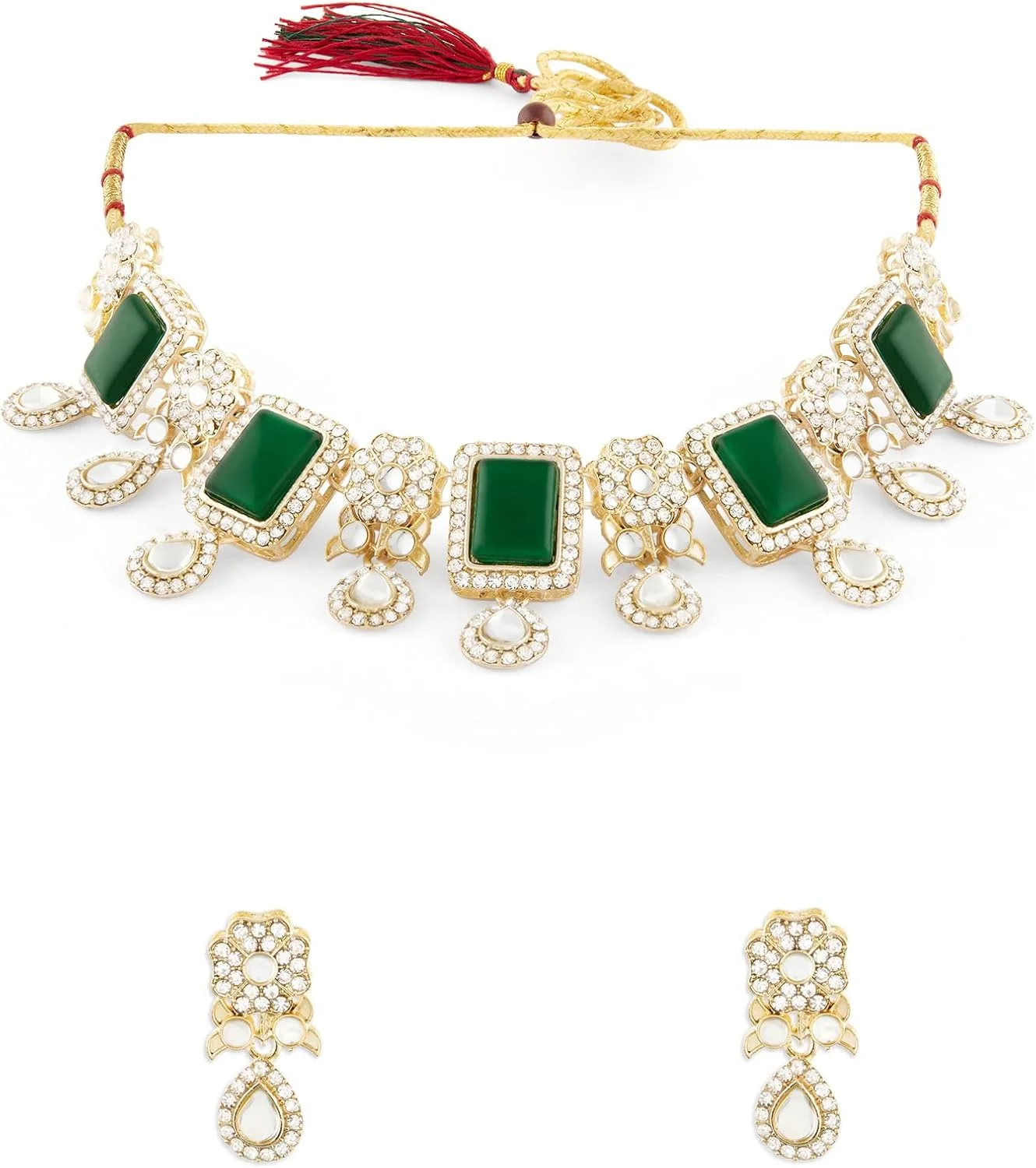 ZAVERI PEARLS گردنبند چوکر نگین دار سبز و اتریشی با الماس های تزئینی به همراه گوشواره زنانه - ZPFK17554
