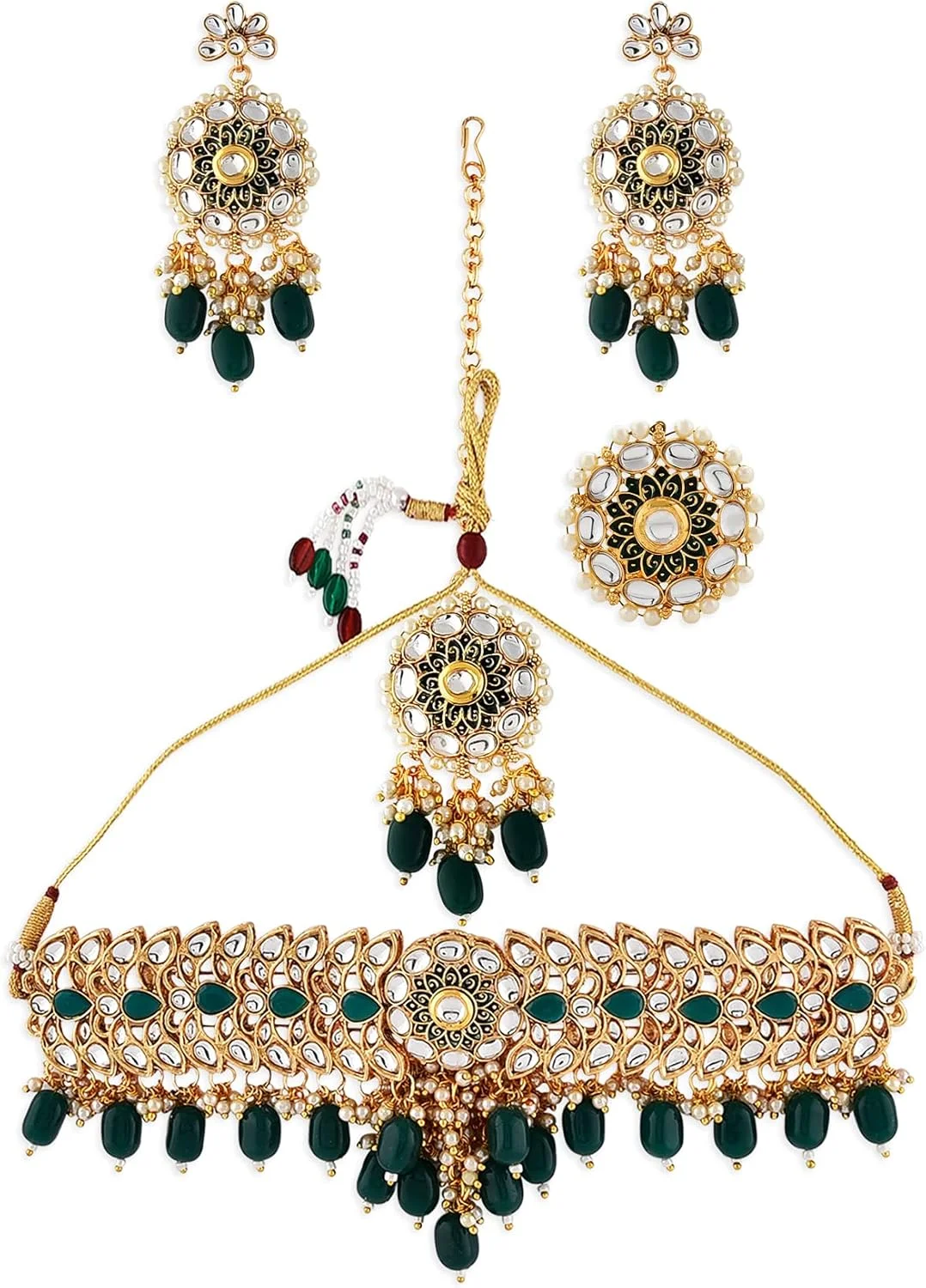 ست گردنبند چوکر، گوشواره، مانگ تیکا و انگشتر میناکاری سبز Kundan Zaveri Pearls برای زنان - ZPFK10496