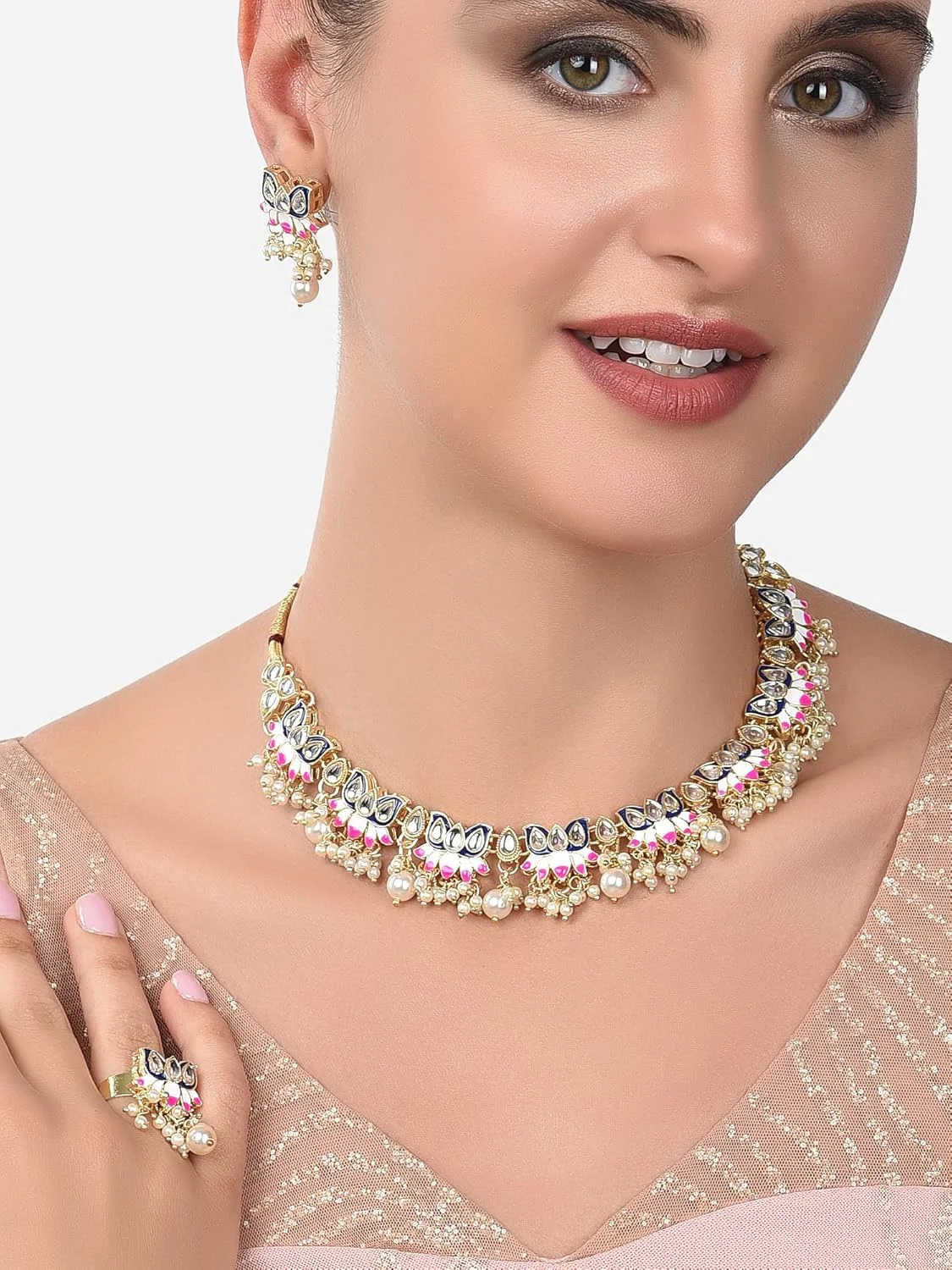 زیوری پرلز ست گردنبند چوکر، گوشواره و انگشتر زنانه با طراحی میناکاری لوتوس آبی و صورتی - ZPFK14435