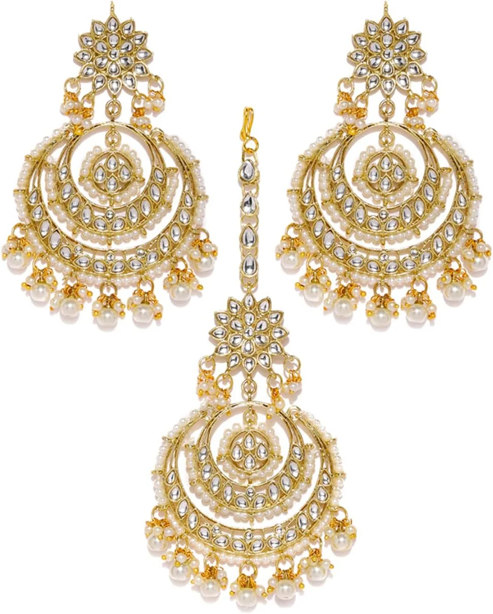 گوشواره و مانگ تیکا زنانه طرح Kundan و مروارید با روکش طلای 22 عیار ZAVERI PEARLS مدل Zpfk8541