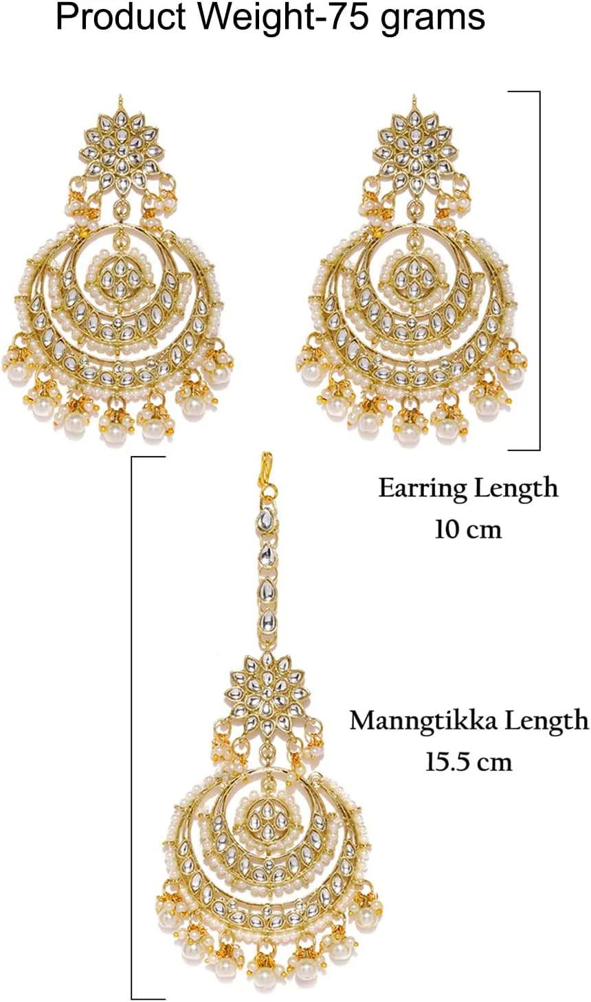 گوشواره و مانگ تیکا زنانه طرح Kundan و مروارید با روکش طلای 22 عیار ZAVERI PEARLS مدل Zpfk8541