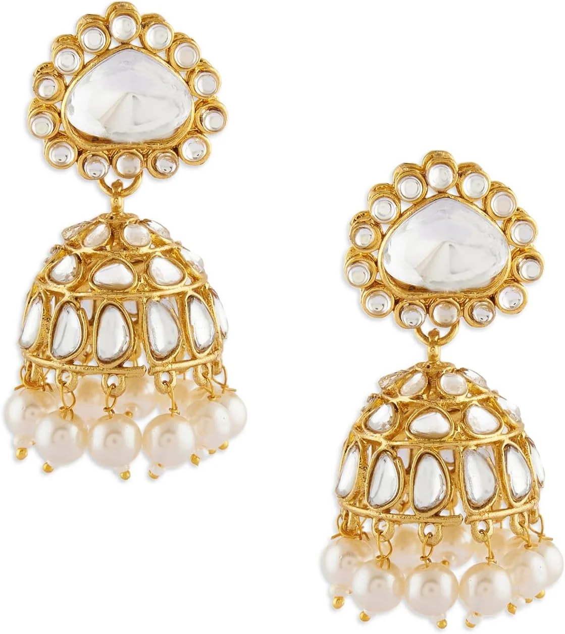 گوشواره زنانه جومکی مروارید و نگین های سنتی به رنگ طلایی Zaveri Pearls مدل ZPFK17621