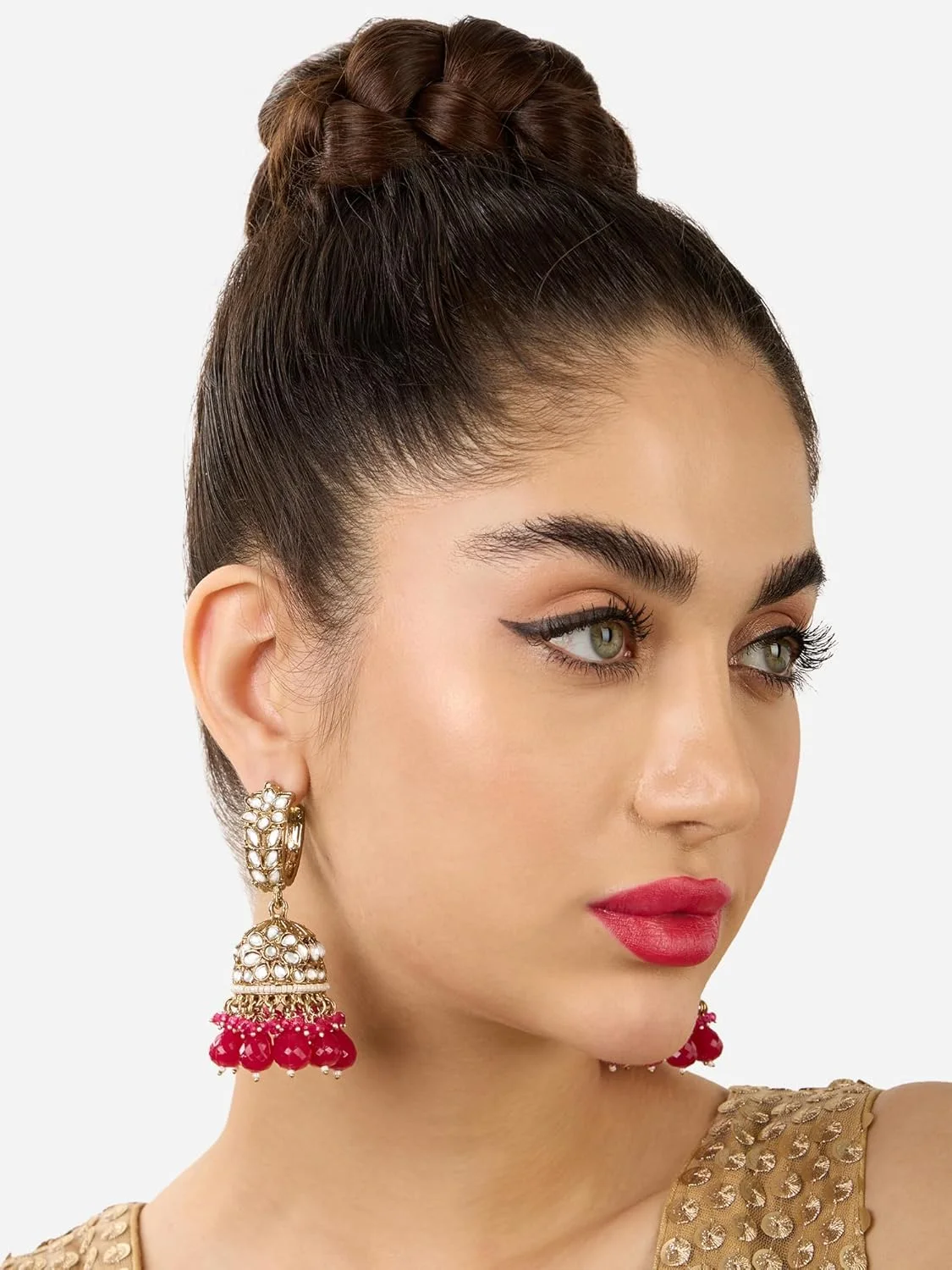 گوشواره زنانه آویز مروارید زاوری با مهره های صورتی رانی، طرح قدیمی با روکش عتیقه و کندن، مدل Jhumki سنتی - ZPFK17273 گوشواره زنانه آویز مروارید زاوری با مهره های صورتی رانی، طرح قدیمی با روکش عتیقه و کندن، مدل Jhumki سنتی - ZPFK17273