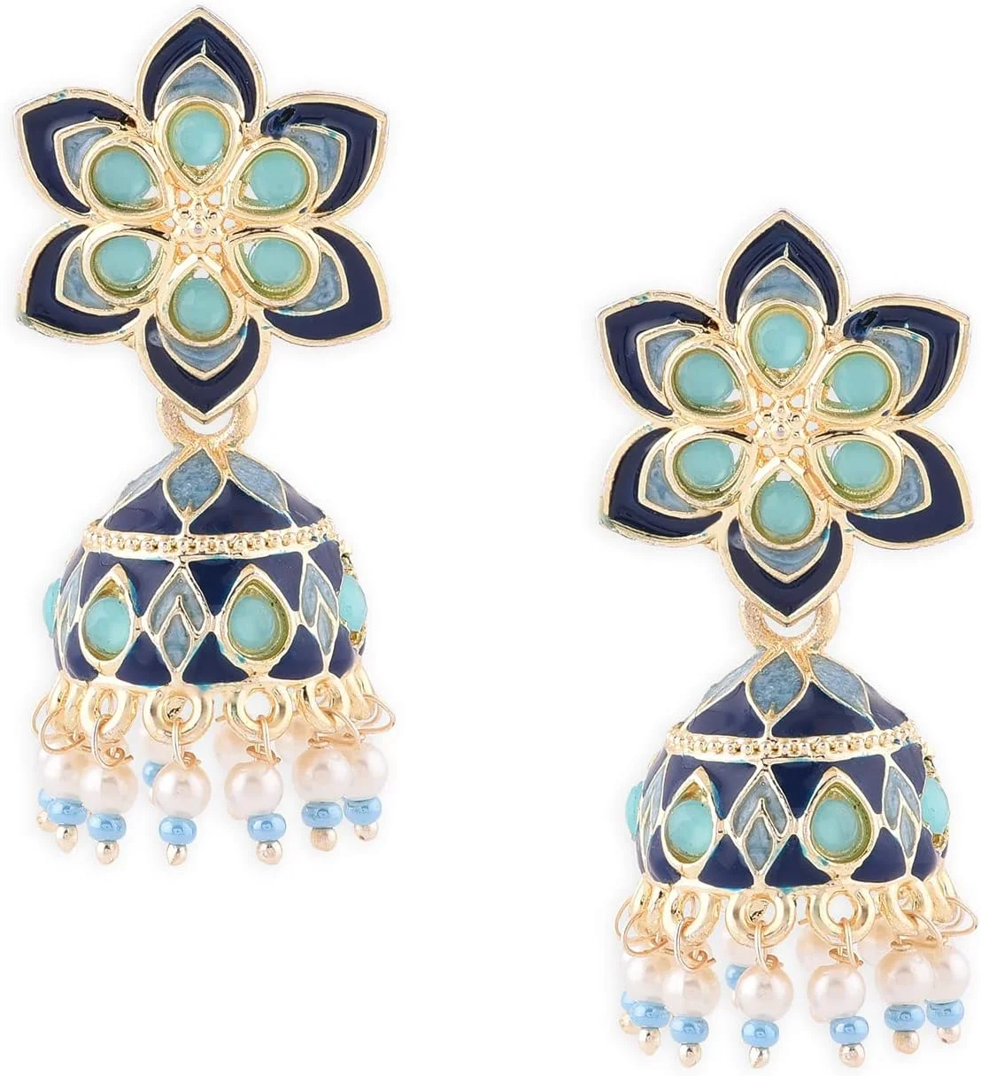 گوشواره آویز جومکی گل میناکاری آبی زاوری پرلز زنانه - ZPFK14380