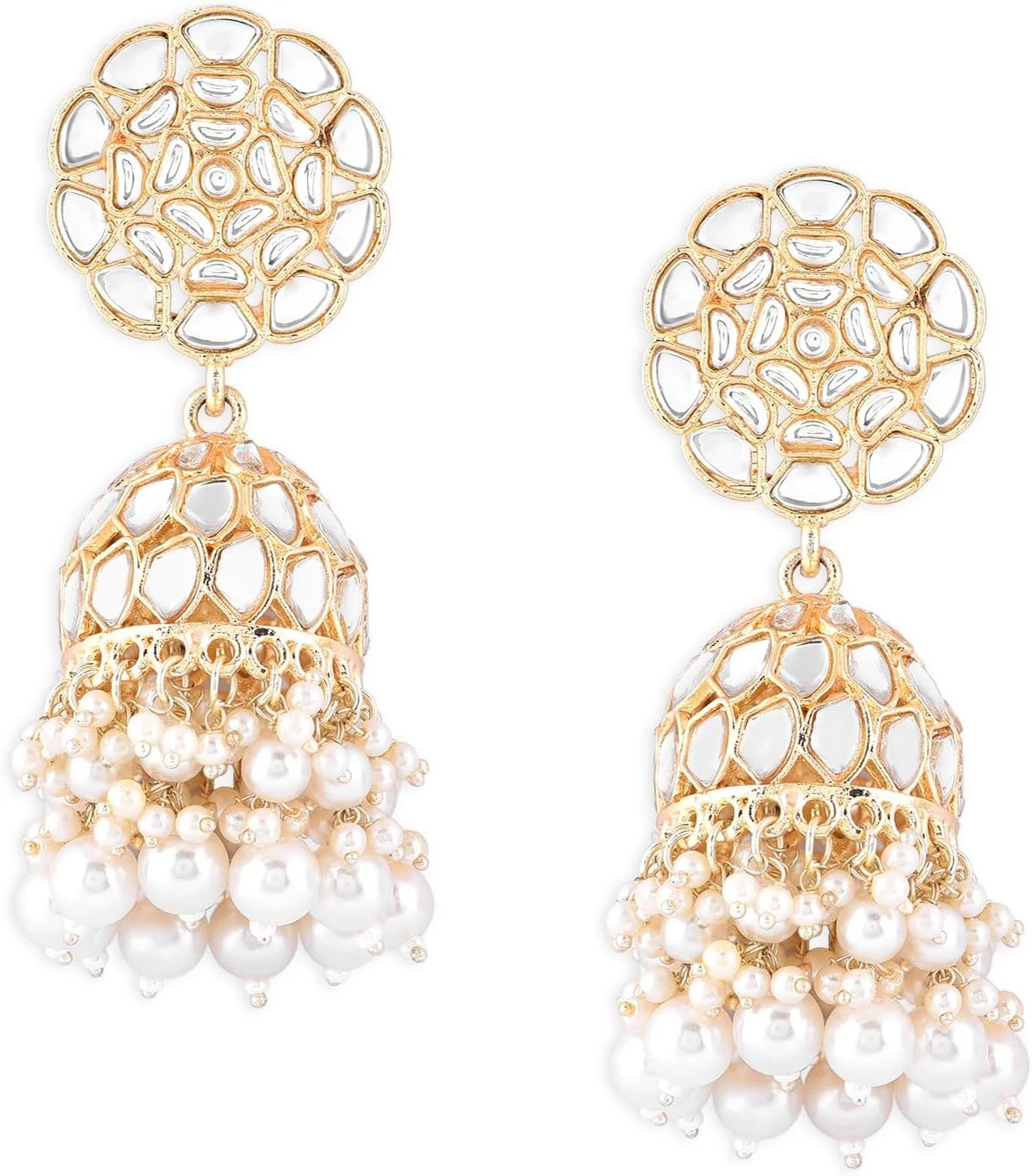 گوشواره زنانه جومکی طرح Zaveri Pearls با روکش طلایی، نگین های Kundan خیره کننده و آویز مرواریدی خوشه ای - ZPFK16206