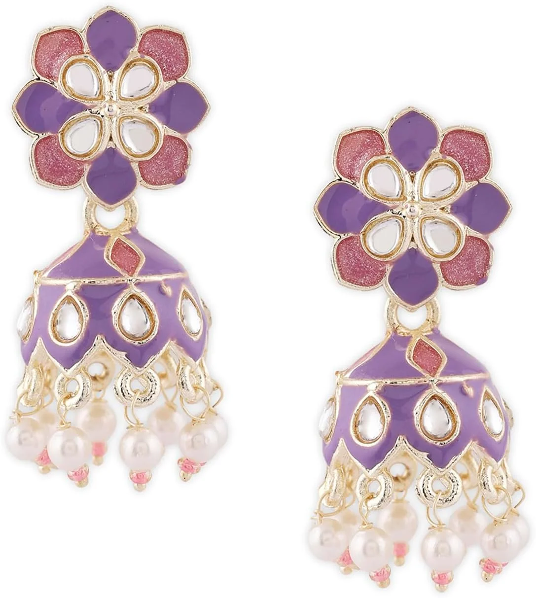 گوشواره زنانه جومکی قومیتی میناکاری کندن صورتی و بنفش Zaveri Pearls - ZPFK16646