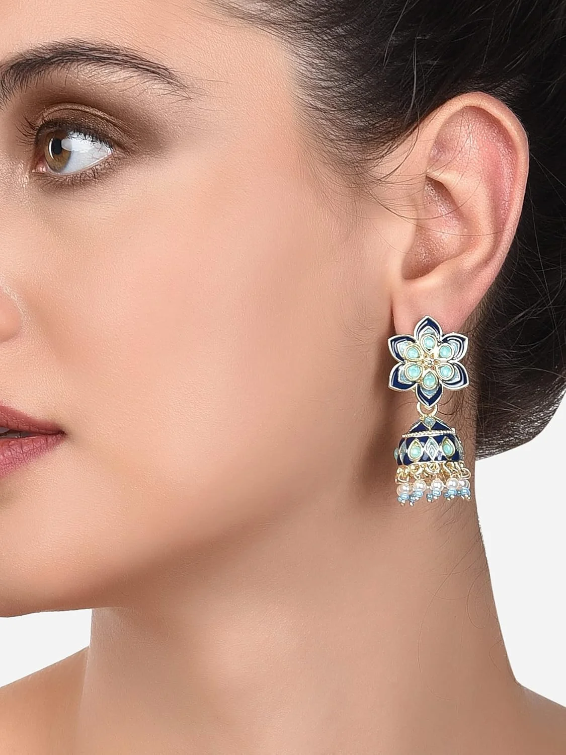 گوشواره آویز جومکی گل میناکاری آبی زاوری پرلز زنانه - ZPFK14380