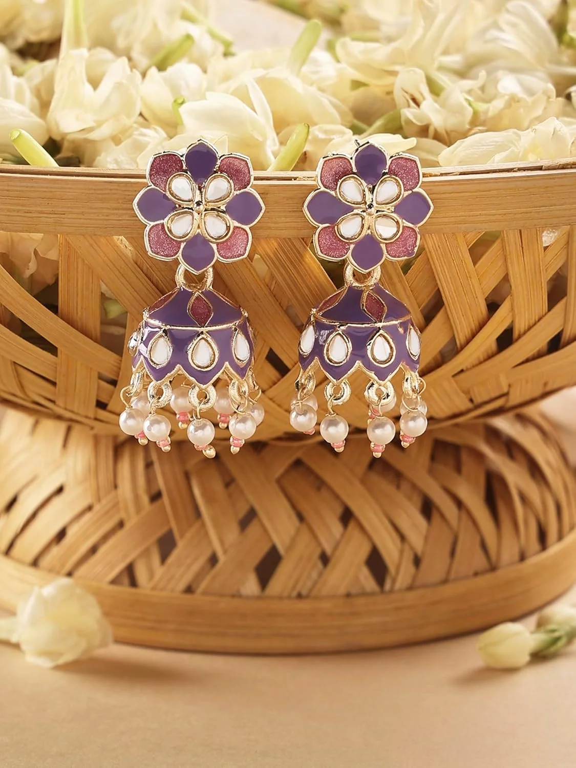 گوشواره زنانه جومکی قومیتی میناکاری کندن صورتی و بنفش Zaveri Pearls - ZPFK16646 گوشواره زنانه جومکی قومیتی میناکاری کندن صورتی و بنفش Zaveri Pearls - ZPFK16646