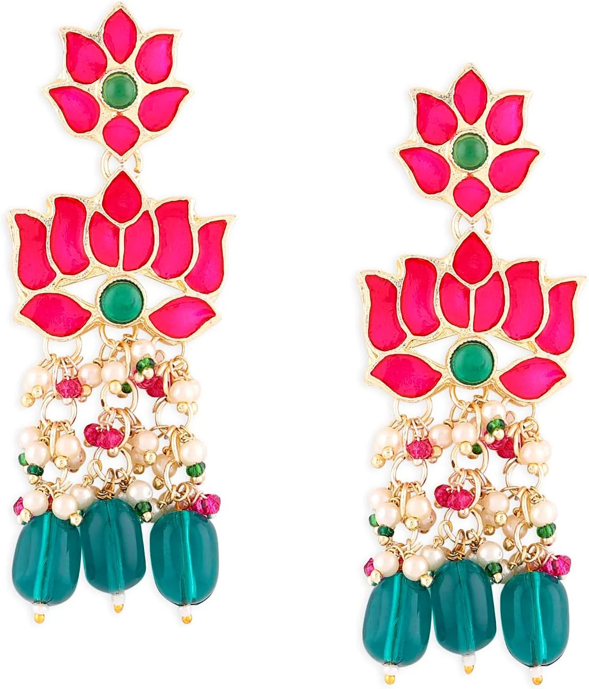 گوشواره آویز زنانه ZAVERI PEARLS با مهره های سبز و طراحی نیلوفر میناکاری صورتی - ZPFK15389