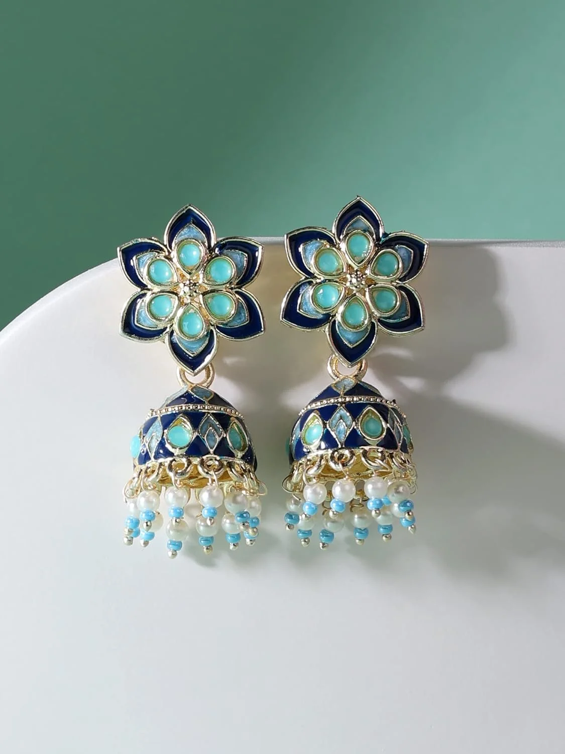 گوشواره آویز جومکی گل میناکاری آبی زاوری پرلز زنانه - ZPFK14380