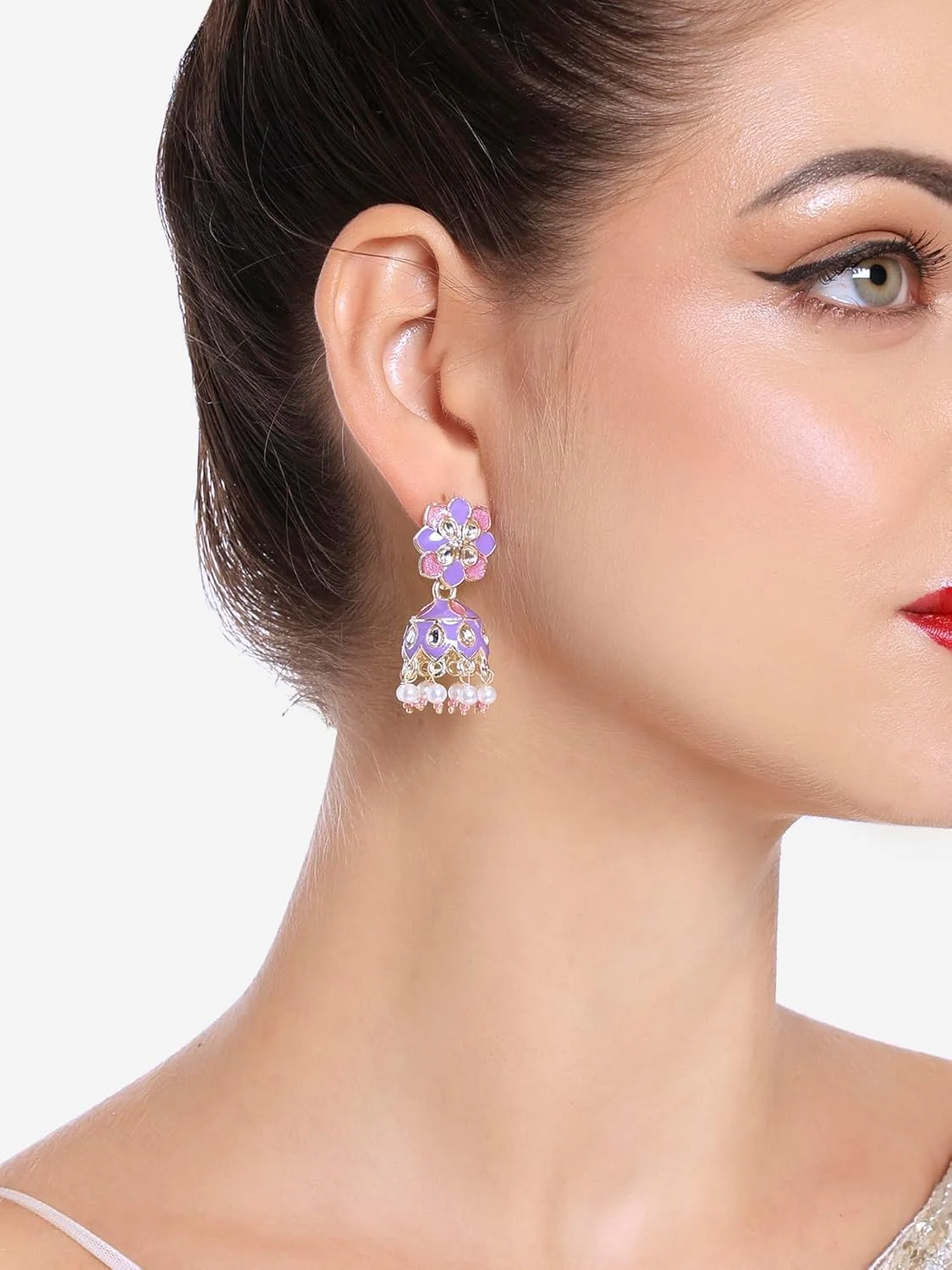 گوشواره زنانه جومکی قومیتی میناکاری کندن صورتی و بنفش Zaveri Pearls - ZPFK16646 گوشواره زنانه جومکی قومیتی میناکاری کندن صورتی و بنفش Zaveri Pearls - ZPFK16646