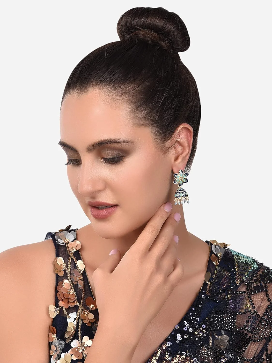 گوشواره آویز جومکی گل میناکاری آبی زاوری پرلز زنانه - ZPFK14380