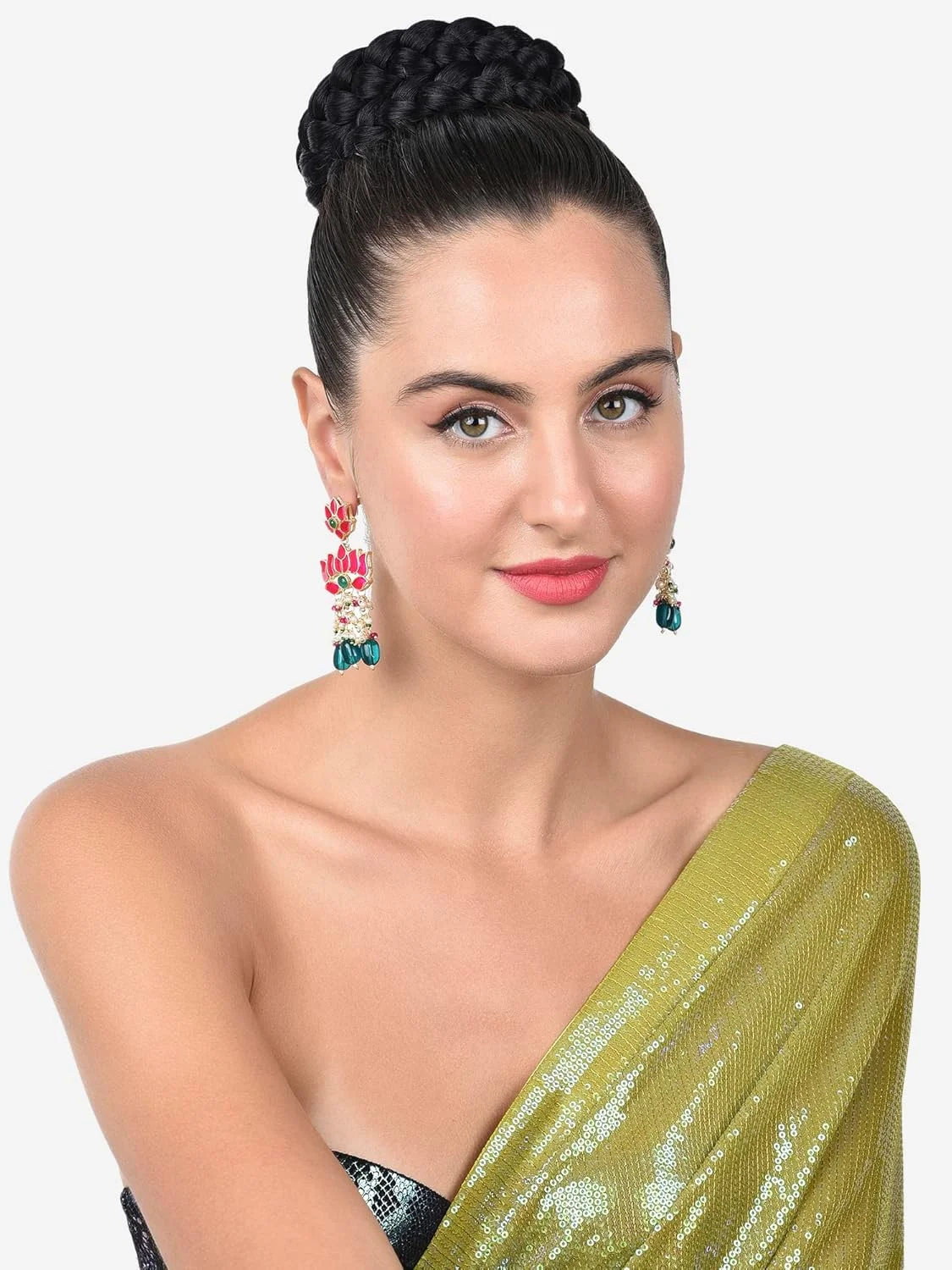 گوشواره آویز زنانه ZAVERI PEARLS با مهره های سبز و طراحی نیلوفر میناکاری صورتی - ZPFK15389