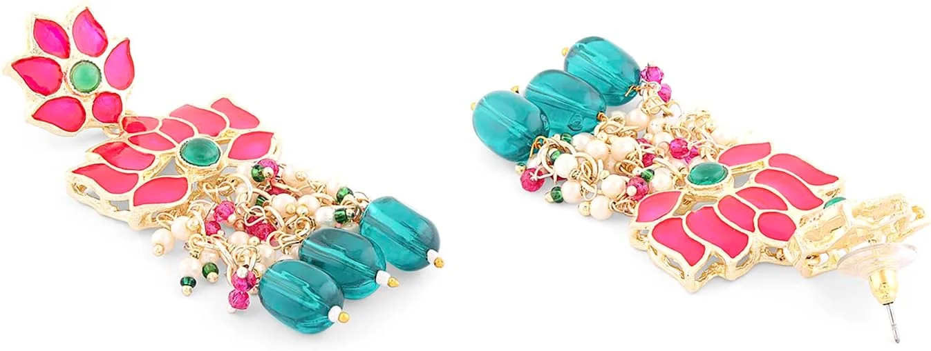 گوشواره آویز زنانه ZAVERI PEARLS با مهره های سبز و طراحی نیلوفر میناکاری صورتی - ZPFK15389
